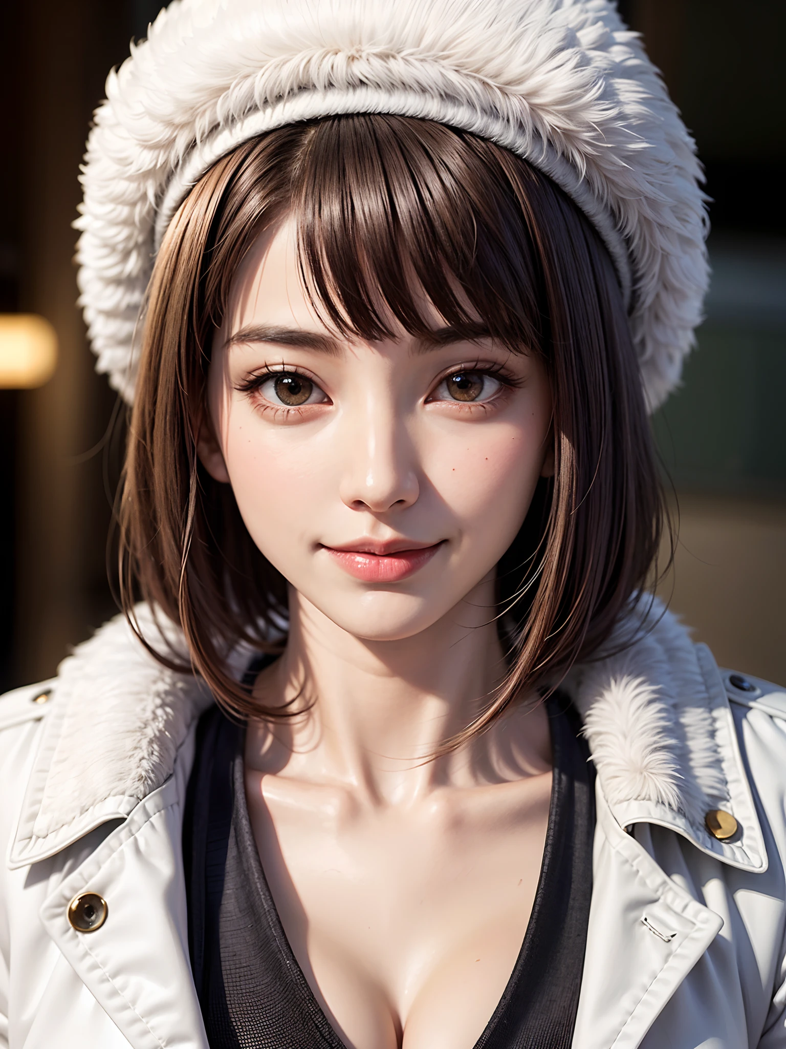(masutepiece:1.4, top-quality:1.4、Add intense highlights to the eyes:1.4、Lustrous hair:1.4 ),1girl in:1.4, 独奏, A dark-haired, scarf, Hats,, realisitic, looking at the viewers, black eyes of light color, shorth hair, coat, Winter clothes, White headscarf, s lips, lipgloss:1.4,bangss,,a closed mouth, The upper part of the body、big eye、Lashes、((Street))、((Shorthair with bangs、big eye、Put very strong highlights in your students、{Gigantic|Big|Huge|Mega} breasts, cleavage、very Bigger breasts、gazing at viewer、Very beautiful beauty、Put your ears out、long neck、little smiling、Close your mouth and smile)))、Beautiful adult woman full of charm:1.4