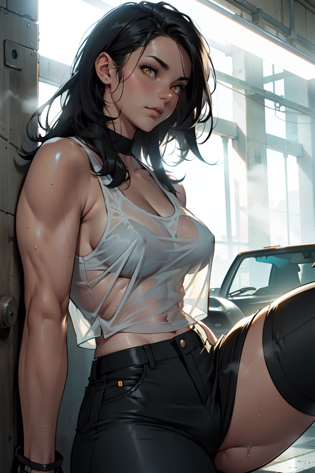 muscular large breasts thick thighs pale skin black hair long hair yellow eyes tank top pants sweaty steam see-through girl