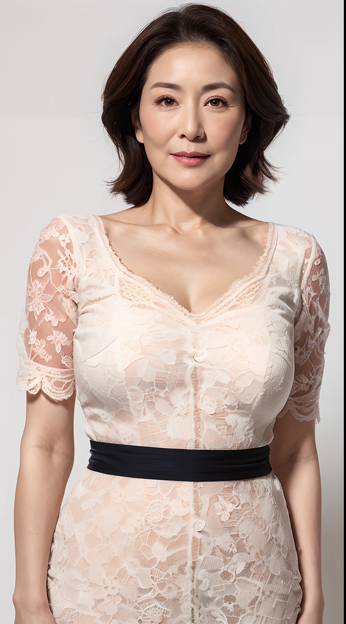 Composition of thirds, Sharpen, Single-color background, gravure, masutepiece, Best Quality, Ultra-detailed, Photorealistic, super detailed skin, Perfect Anatomy, (1 japanese mature woman), (Solo), 90 years old, Large breasts, Mature AV Actress, glamor, A sexy, Chromo-white skin, Looking at Viewer