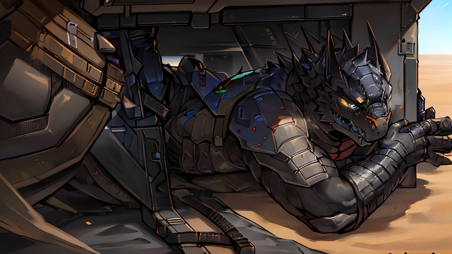 Close-up of a man holding a rifle in the desert, apex legends armor, in style of apex legends, desert robe, wraith from apex legends, Camouflage equipment, apex legends character, Desert nomads, Desert breathing armor, full body shot hyperdetailed, future soldier clothing, Tear field fatigue, discarded mechsuit in background、Smooth scales、Beast claws、Scaly tail,detailed full body,being thin、Desert lizard