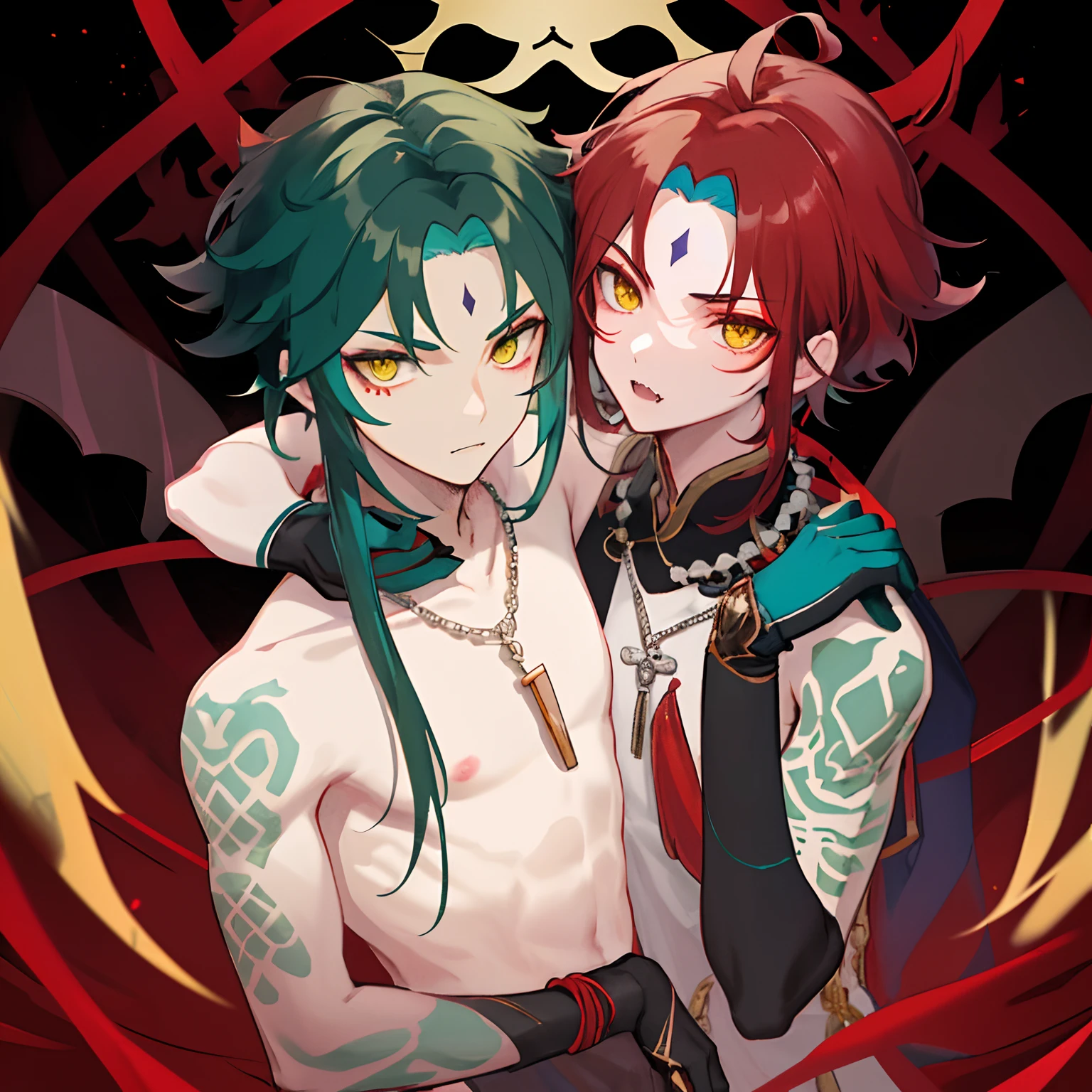 1boy,dark green hair,best quality,masterpiece,extremley,yellow eyes,male focus,beautiful eyes,Xiao (genshin impact), 1 boy, bones necklace, animal fangs necklace, arm tatoo, dark red hair, Chinese clothes, green eyes, male focus, red mark on forehead, no shirt, a red string runs from the shoulder to the chest,look at you with half an eye, smirked, put his hand to his mouth to signal silence, glove, stare at you, looking straight, make ''be quiet" signal, cover mouth by finger, looking at you, inside, red rope cover nipples, red rope cross breast