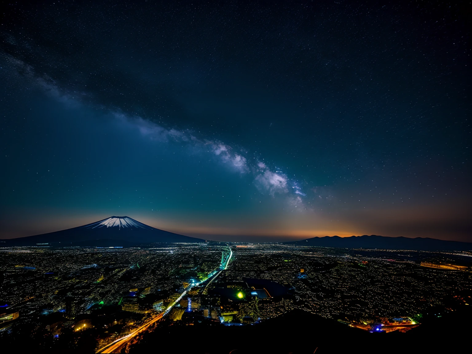 Night photography, Mount Fuji, Japan, view from, with an unusual sky view, a full moon and the milky way.