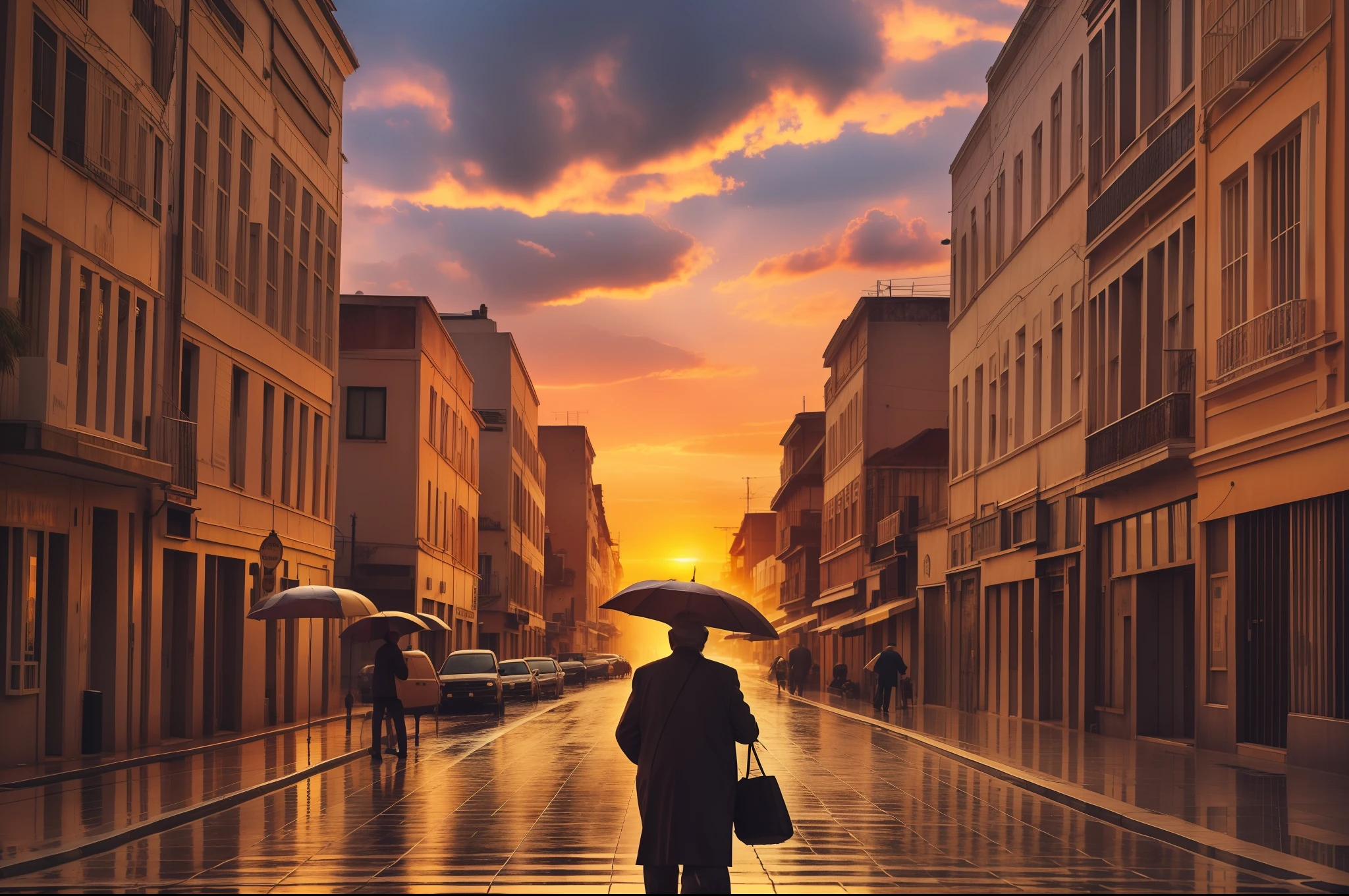old man walking on the street sunset rain --auto --s2