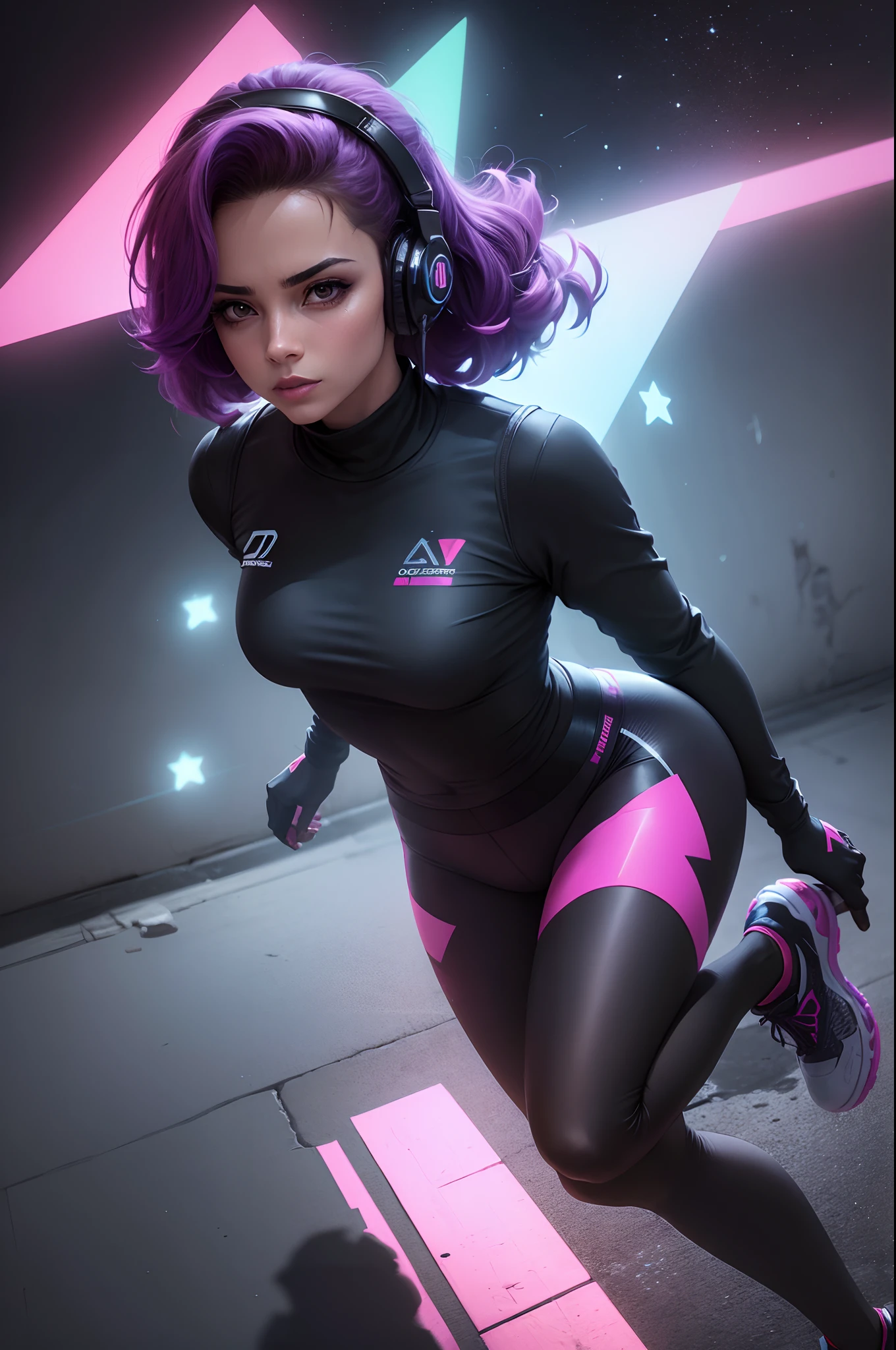 mulher, Compression leggings in black, Breathable fabric top in vibrant pink color, Running shoes with cushioning, top esportivo de suporte, Reusable water bottle and a pair of wireless headphones for music. (extremamente detalhado CG unidade 8k papel de parede),(master part), (melhor qualidade), (ultra-detalhado), (best illustration),(melhor sombra), cowboy shot, (Sharp eyeliner, sombra, olhos detalhados:1),quebrar , (star15escola:1.2), ornamento de cabelo