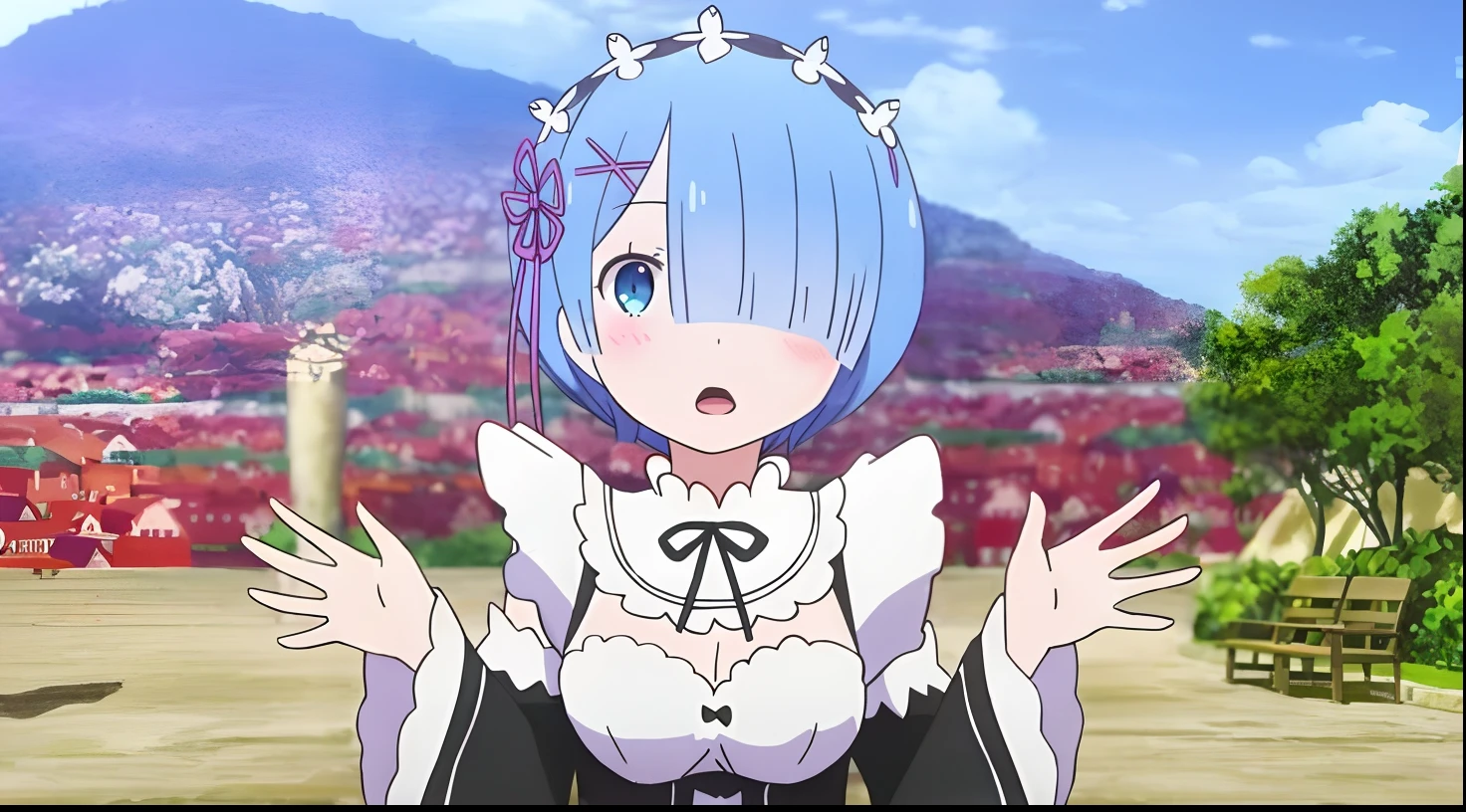 a close up of a person in a dress and a hat, rem rezero |, she has pale blue skin!!!, reencarnado como um limo, ela tem um rosto expressivo bonito, mulher de cabelo azul curto, Tensei Shitara Slime Datta Ken, no filme de anime, visual anime de uma menina bonito, Menina do anime chamada Lucy, Anime Estilo Estrela