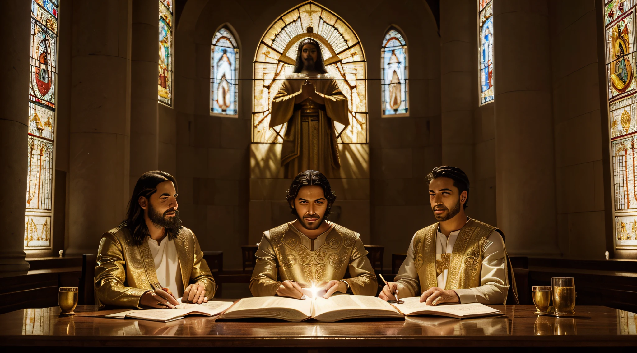 'The Three Men Who Saw God's Throne in the Bible.The scene should capture the essence of the biblical narratives with individuals like Isaiah, Ezequiel, and john, who have had extraordinary encounters with the divine throne. Emphasize awe and reverence in your expressions as you witness divine glory, talvez com elementos como luz radiante, seres celestiais, e simbolismo da majestade de Deus.