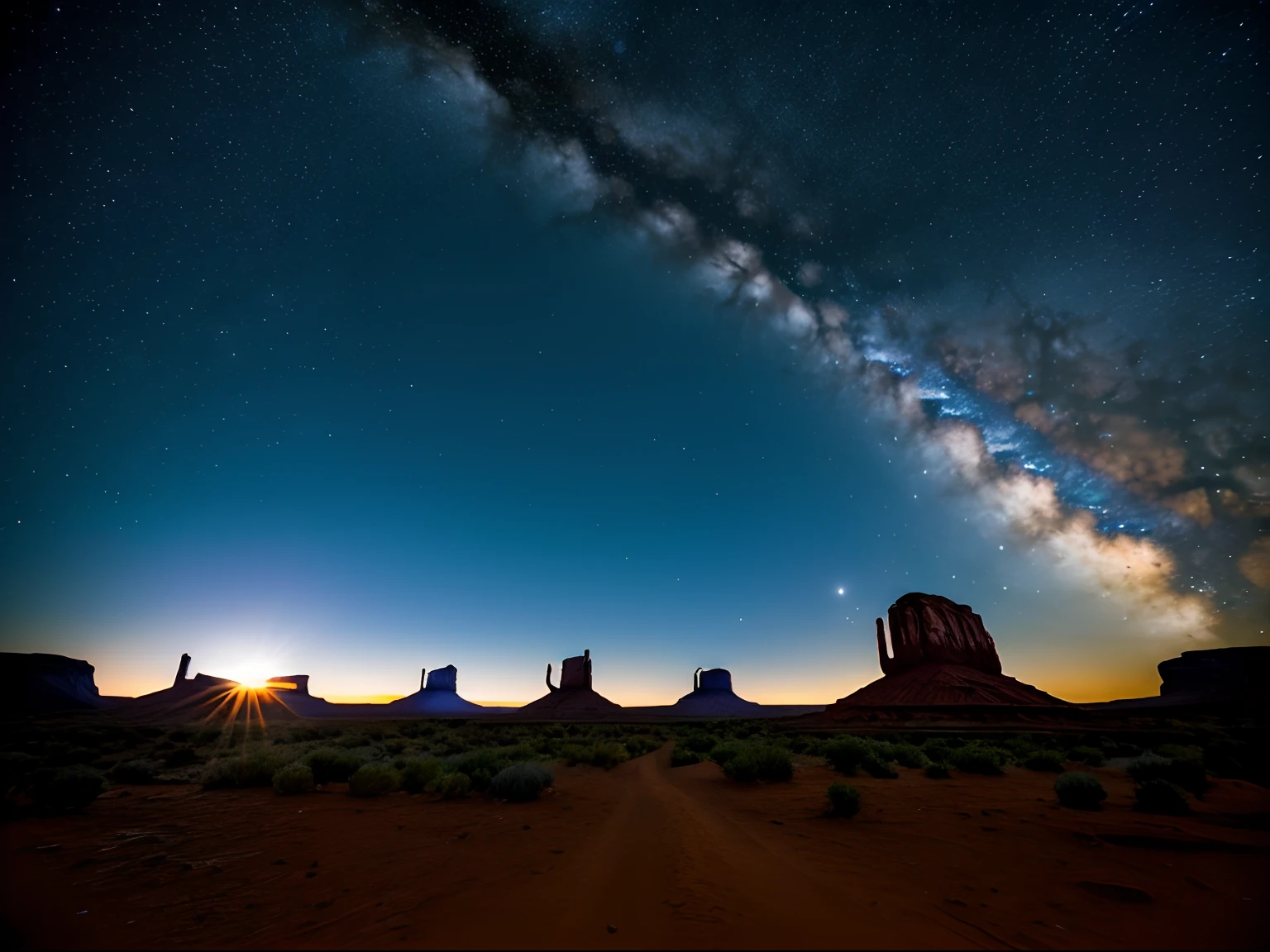 Night photography, Monument Valley, USA, view from below, with an unusual sky view, a full moon and the milky way.