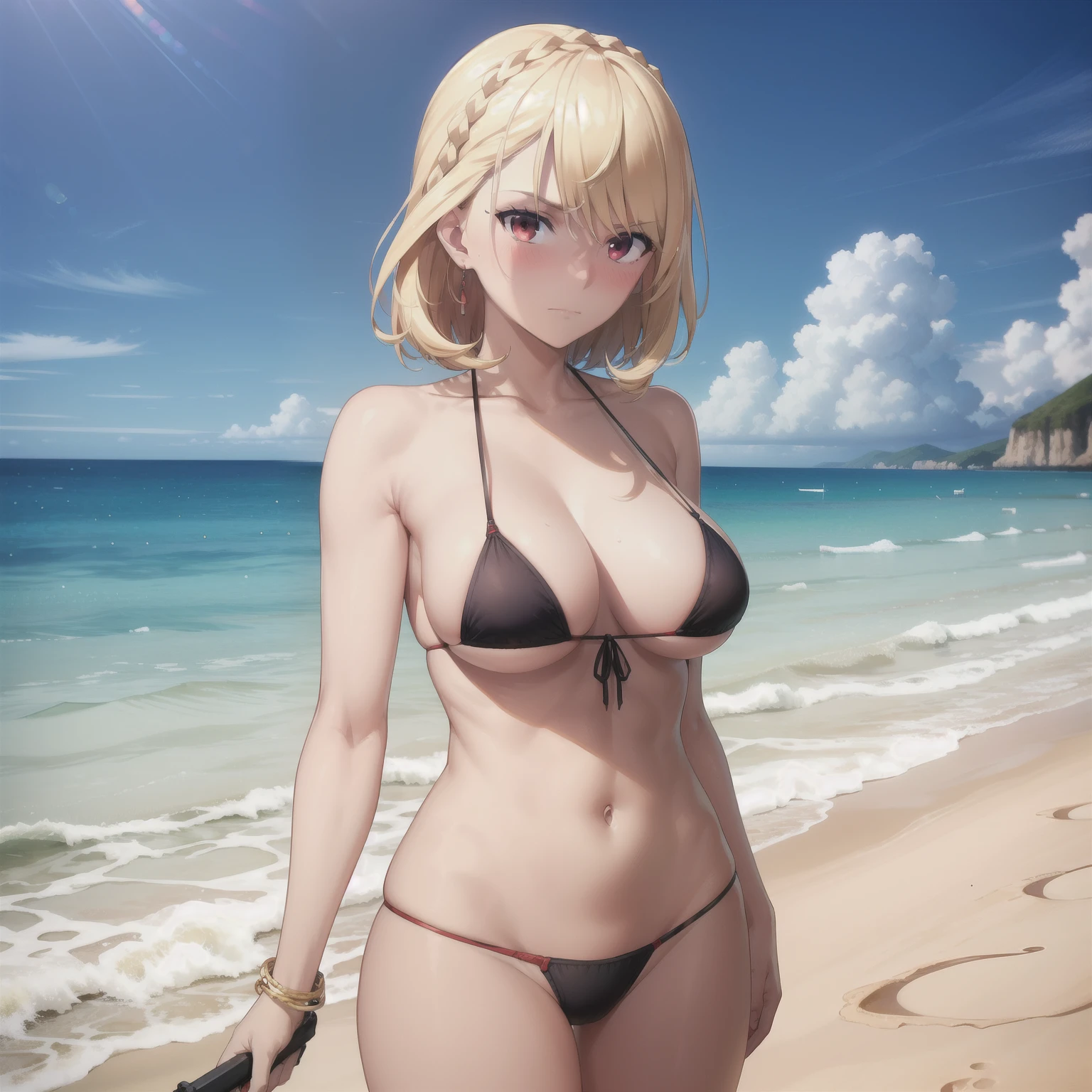 masterpiece, best quality, highres, blonde hair, red eyes, cowboy shot, standing, beach, Black micro bikini, embarrassed, blush, arms behind back,