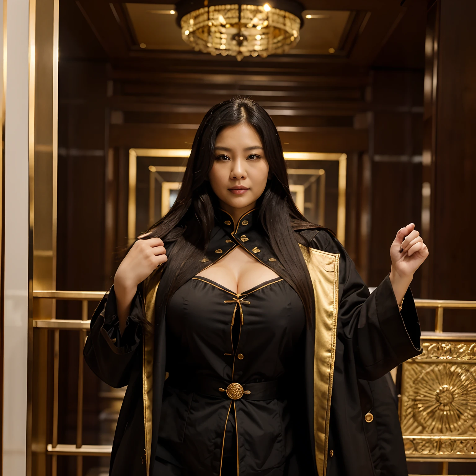 Asian women 40 years of age, pirate coat, black long hair, chubby, curvy figure, gold trim on coat, beautiful