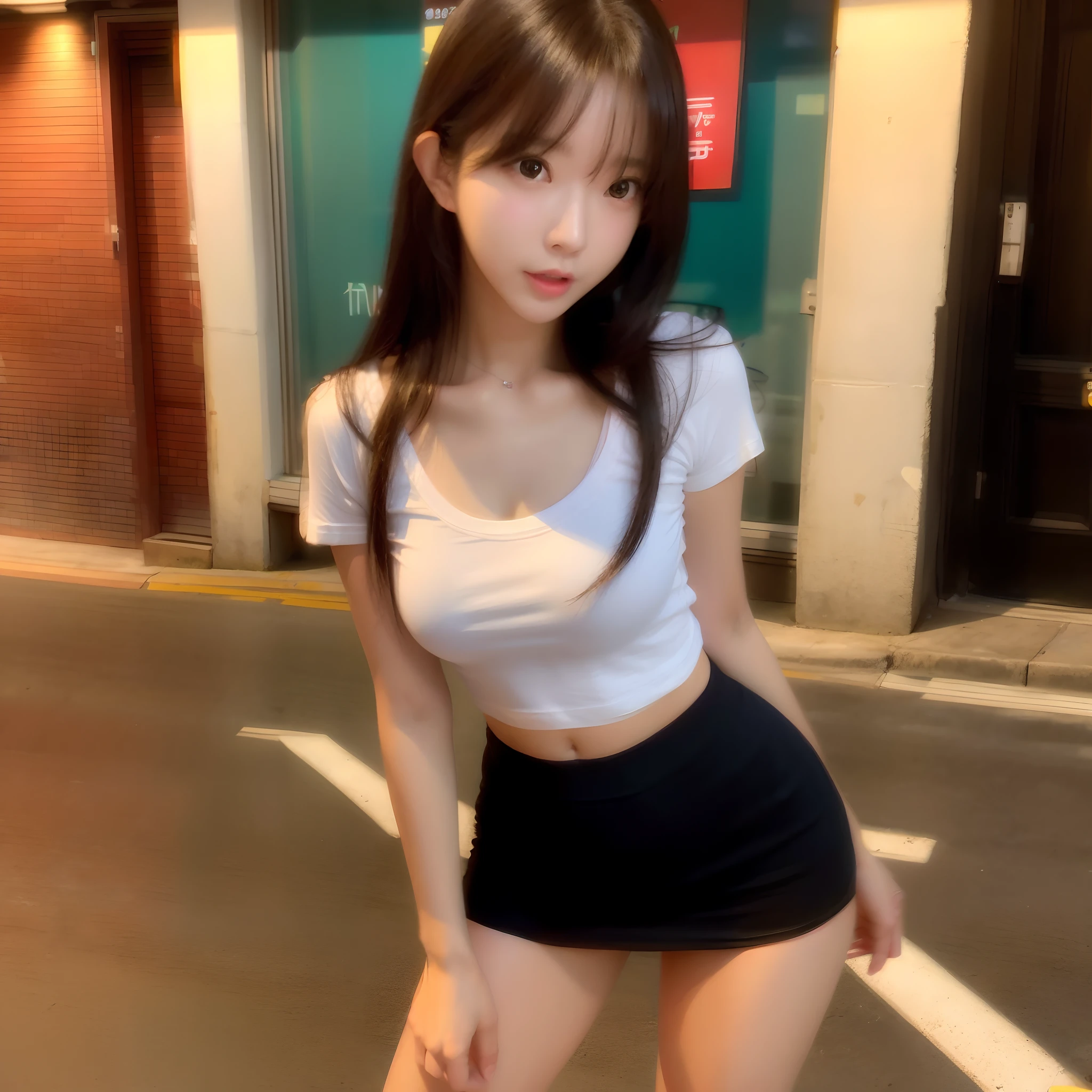 Beautiful sexy woman standing on the street、((Short taut T-shirt))、Very gigantic-breasts:1.8、You can clearly see the shape of the chest、belly is visible、Tight super mini skirt、long legged