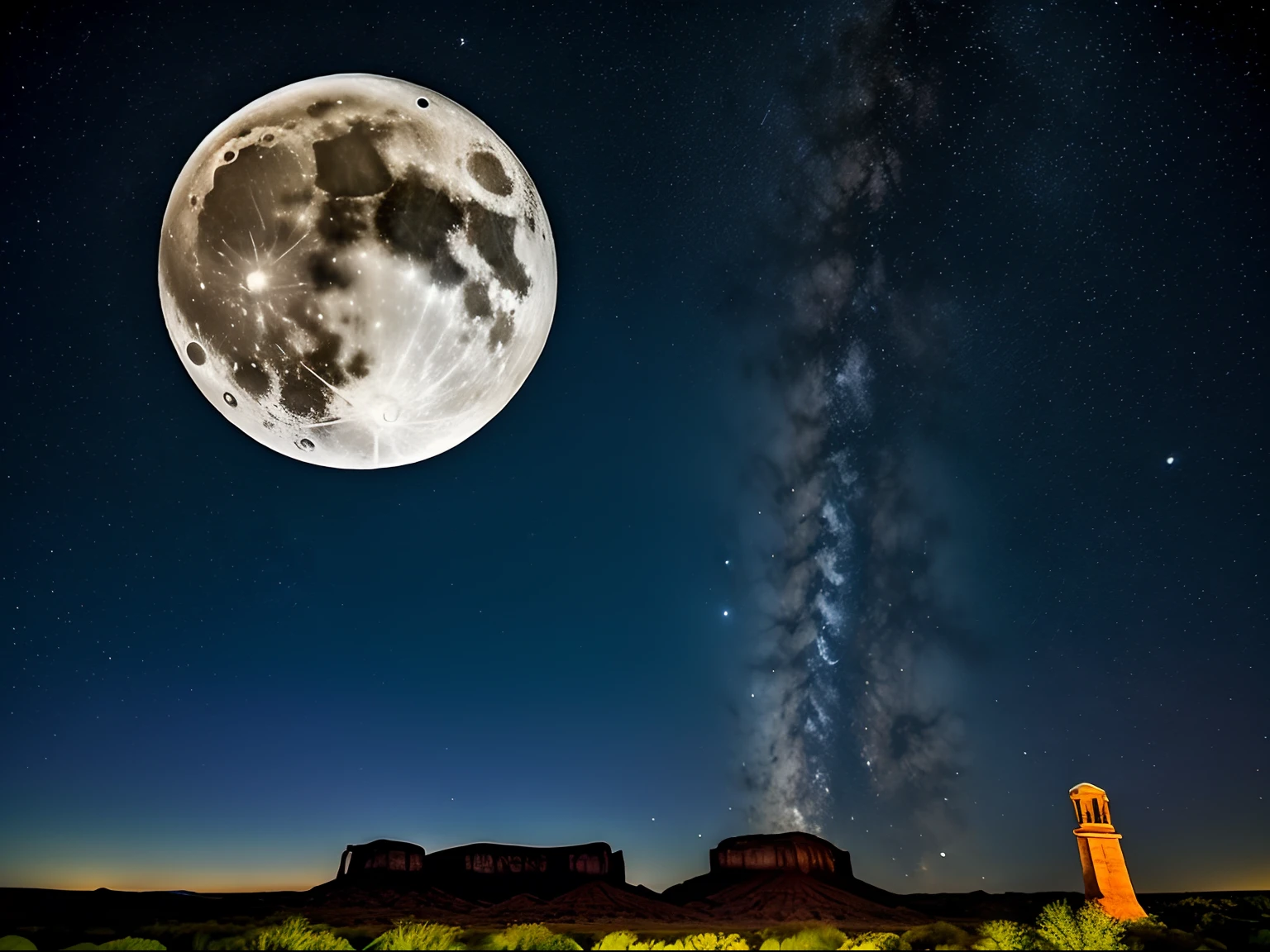 Night photography, Monument Valley, USA, view from below, with an unusual sky view, a full moon and the milky way.