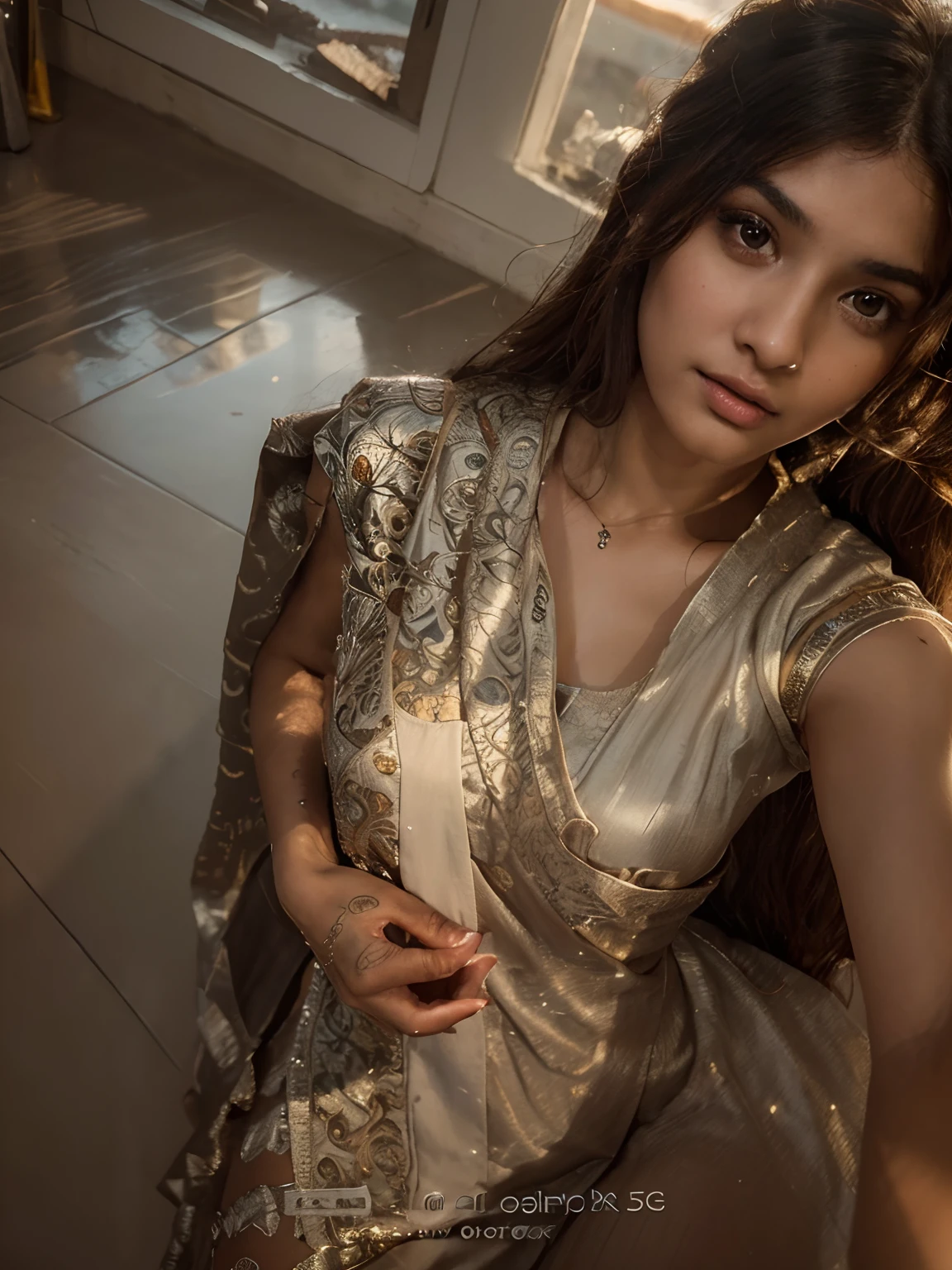 photo of a 19 years old Indian girl posing like in Monalisa painting, RAW, beautiful woman, (extra long wavy brown hair), ((portrait)), ((detailed face:1.2)), ((detailed facial features)), (finely detailed skin), pale skin, (high detailed deep cleavage cyberpunk steel dress), cyberpunk megacity environment, (cold colors), damp, moist, reflections, (masterpiece) (perfect proportion)(realistic photo)(best quality) (detailed) photographed on a Canon EOS R5, 50mm lens, F/2.8, HDR, (8k) (wallpaper) (cinematic lighting) (dramatic lighting) (sharp focus) (intricate)
