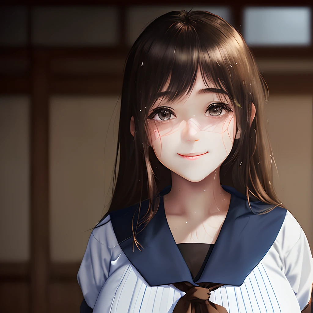 ((Beautiful girl in Japan:1.3)) ((School Uniforms:1.4)) ((pantyshot:1.5)) ((highschool)),((Dark blue skirt:1.3)) ((in class room:1.3)) ((Thin_fabric:1.4)) ((Random sexy poses:1.3)) ((full of sweat:1.5))((with a flushed face:1.4)) ((Big breasts:1.4)) ((close-up:1.2)) Best Quality,masutepiece,超A high resolution,(Photorealistic:1.4),Raw photo,(Authentic skin texture:1.3),(Film grain:1.3),the panorama,Character Portrait,Very Wide Shot,Narrow waist,Cowboy Shot,(In the Dark, deepshadow, lowkey, cold light,) Night,(()),Streaming Tears,,Dust,Tindall Effect,(expression),1girl in,beautiful detailed eyes and face,White Jabot,Brown eyes,((Brown hair:1.2)) ((Full body:1.3)) ((Smile:1.3))