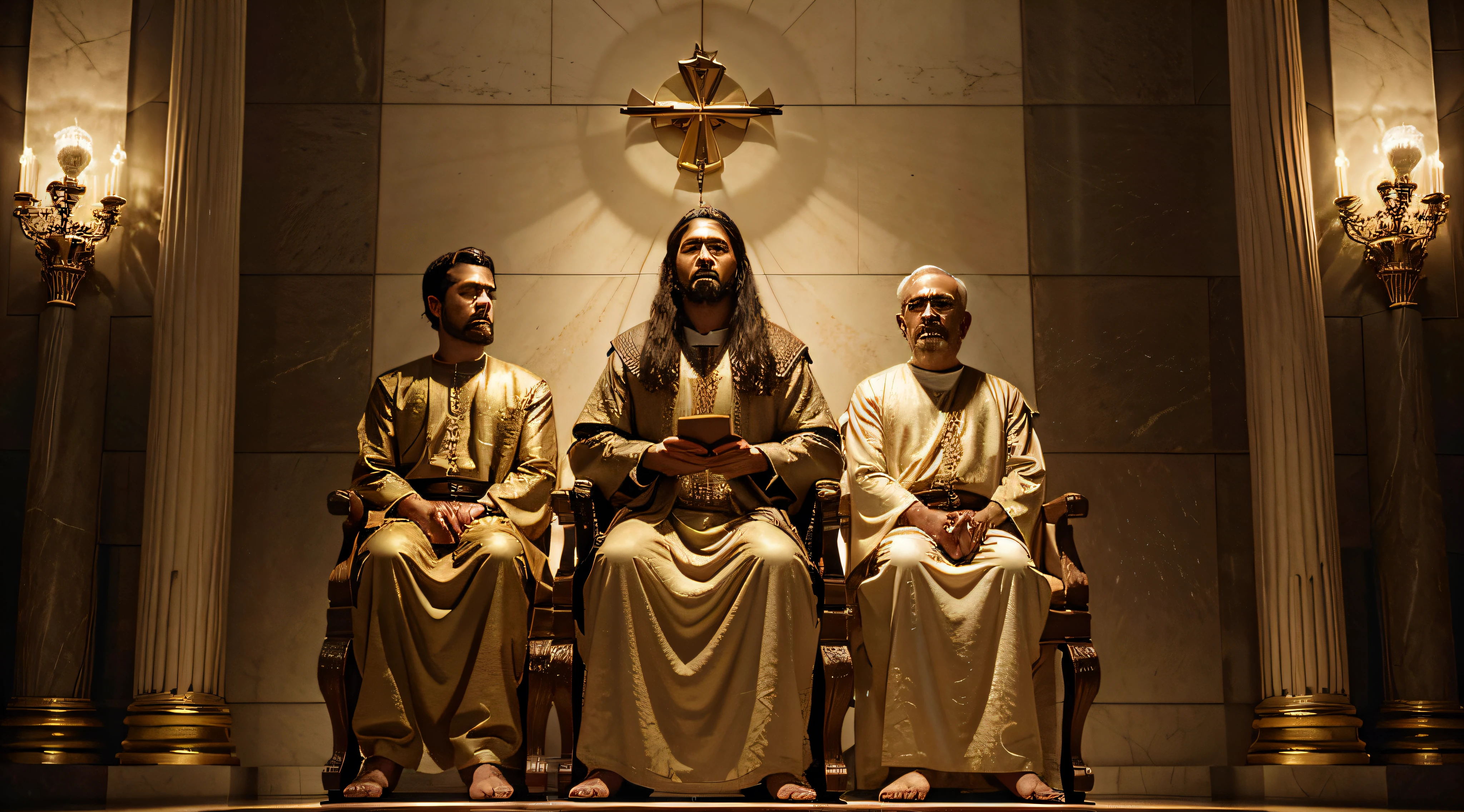 'The Three Men Who Saw God's Throne in the Bible.The scene should capture the essence of the biblical narratives with individuals like Isaiah, Ezequiel, and john, who have had extraordinary encounters with the divine throne. Emphasize awe and reverence in your expressions as you witness divine glory, talvez com elementos como luz radiante, seres celestiais, e simbolismo da majestade de Deus.