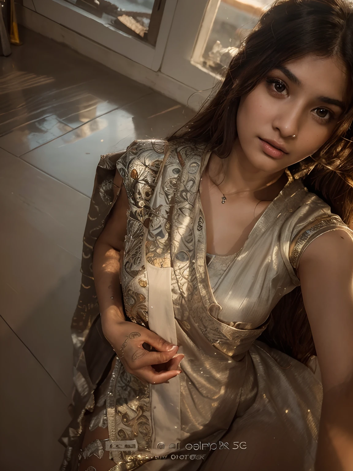 photo of a 19 years old Indian girl posing like in Monalisa painting, RAW, beautiful woman, (extra long wavy brown hair), ((portrait)), ((detailed face:1.2)), ((detailed facial features)), (finely detailed skin), pale skin, (high detailed deep cleavage cyberpunk steel dress), cyberpunk megacity environment, (cold colors), damp, moist, reflections, (masterpiece) (perfect proportion)(realistic photo)(best quality) (detailed) photographed on a Canon EOS R5, 50mm lens, F/2.8, HDR, (8k) (wallpaper) (cinematic lighting) (dramatic lighting) (sharp focus) (intricate)