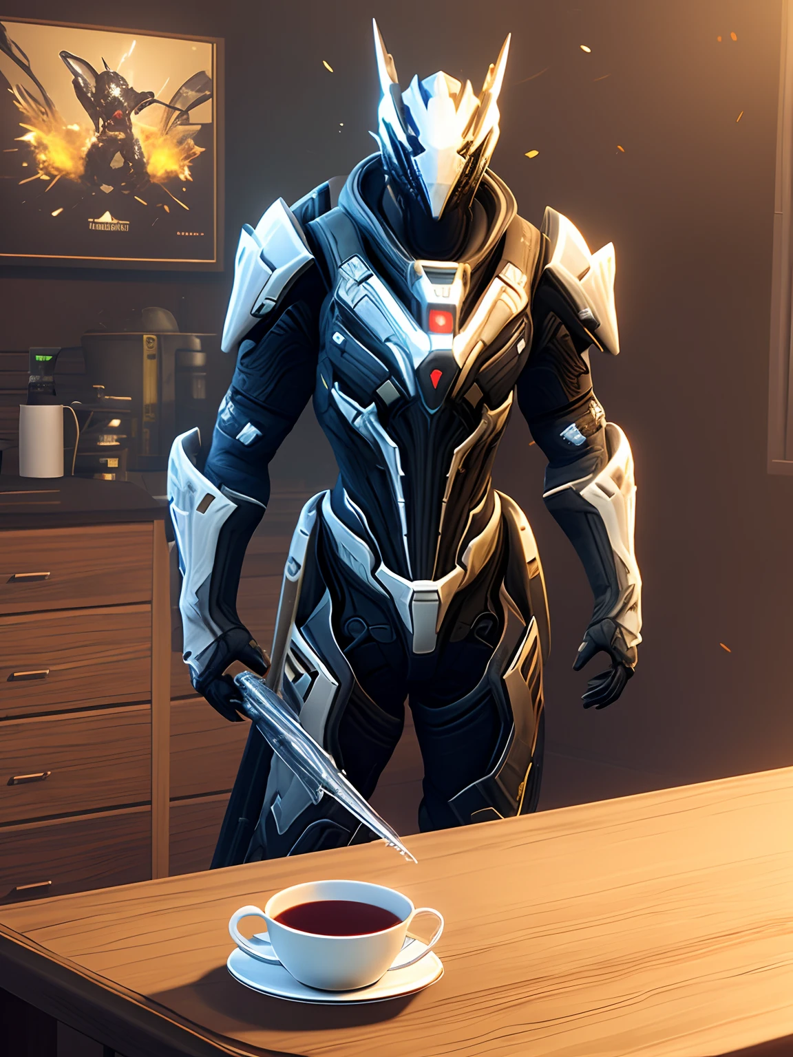 Warframe's Excalibur sipping tea