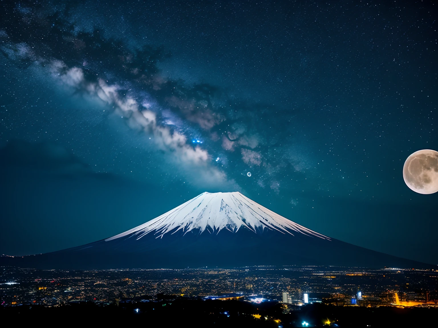 Night photography, Mount Fuji, Japan, view from, with an unusual sky view, a full moon and the milky way.