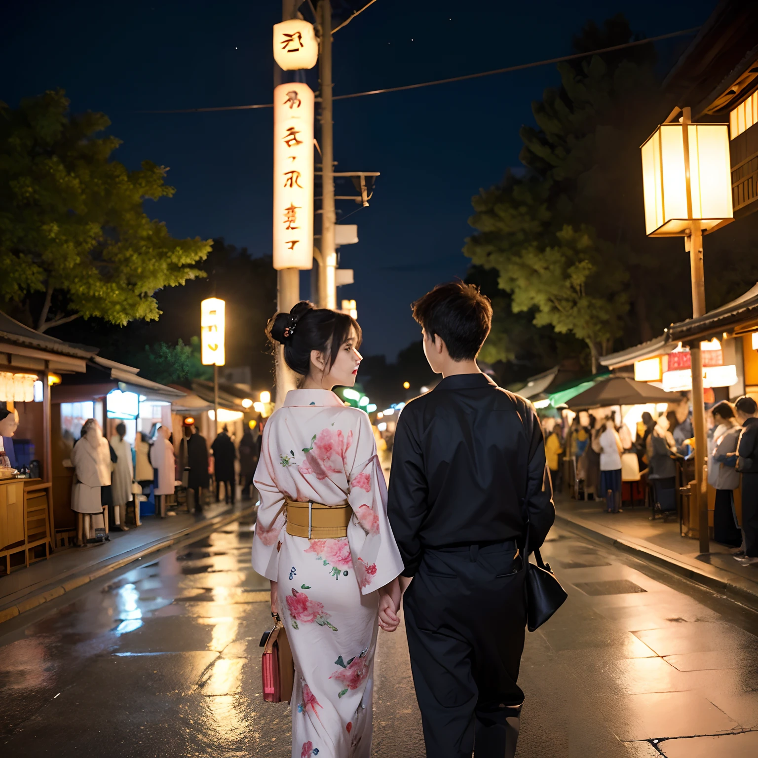 masterpiece, best quality, ultra-detailed, illustration, omatsuri, food stand, beautiful eyes, looking at viewer, from behind, back shot, yukata, tree, outdoors,road, walking, crowd, night, lantern, festival, food, pavement, crosswalk, paper lantern, lamppost, night sky,(((a boy and a beautiful girl in their twenties))), in love, romance