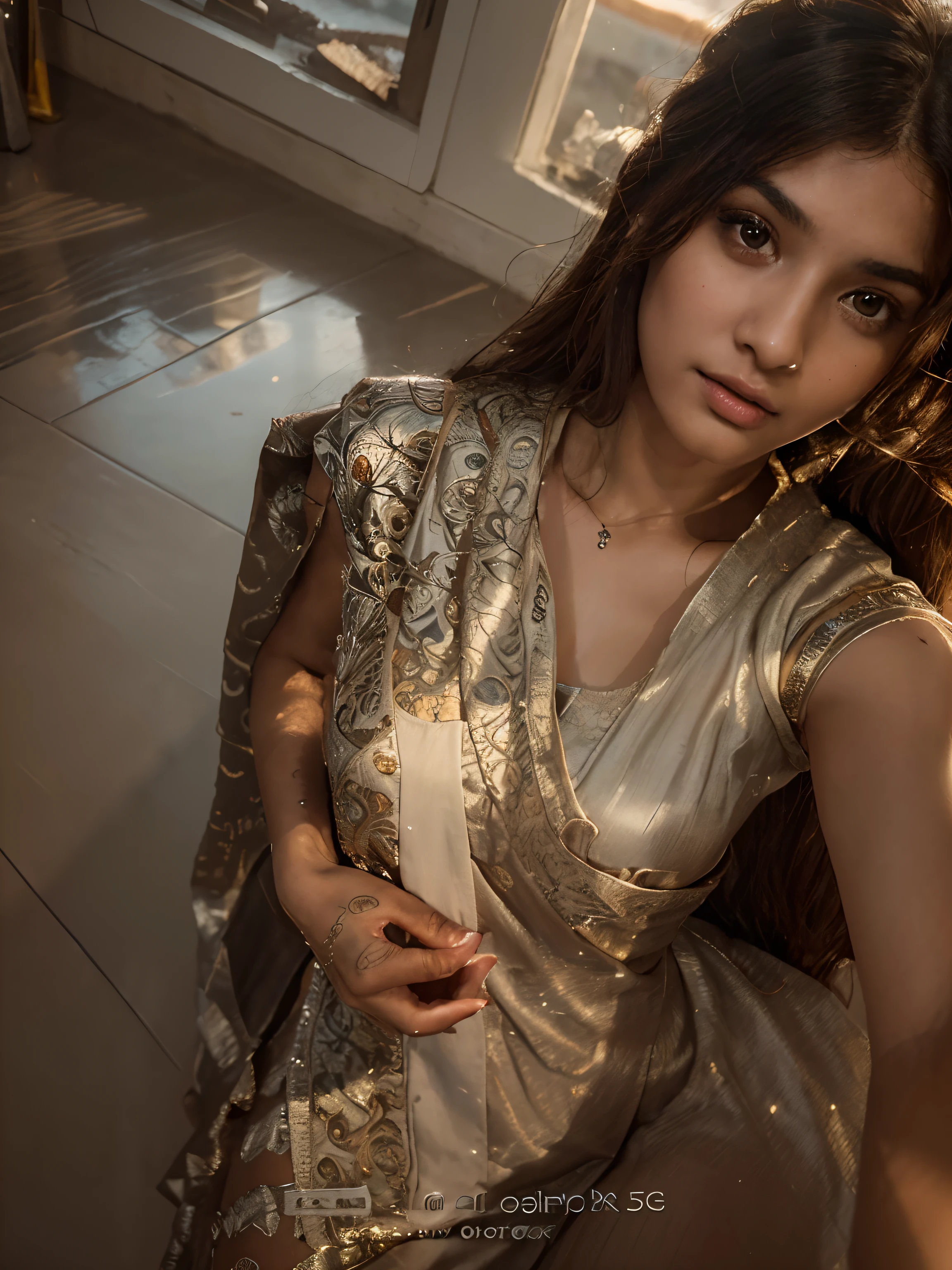 photo of a 19 years old Indian girl posing like in Monalisa painting, RAW, beautiful woman, (extra long wavy brown hair), ((portrait)), ((detailed face:1.2)), ((detailed facial features)), (finely detailed skin), pale skin, (high detailed deep cleavage cyberpunk steel dress), cyberpunk megacity environment, (cold colors), damp, moist, reflections, (masterpiece) (perfect proportion)(realistic photo)(best quality) (detailed) photographed on a Canon EOS R5, 50mm lens, F/2.8, HDR, (8k) (wallpaper) (cinematic lighting) (dramatic lighting) (sharp focus) (intricate)
