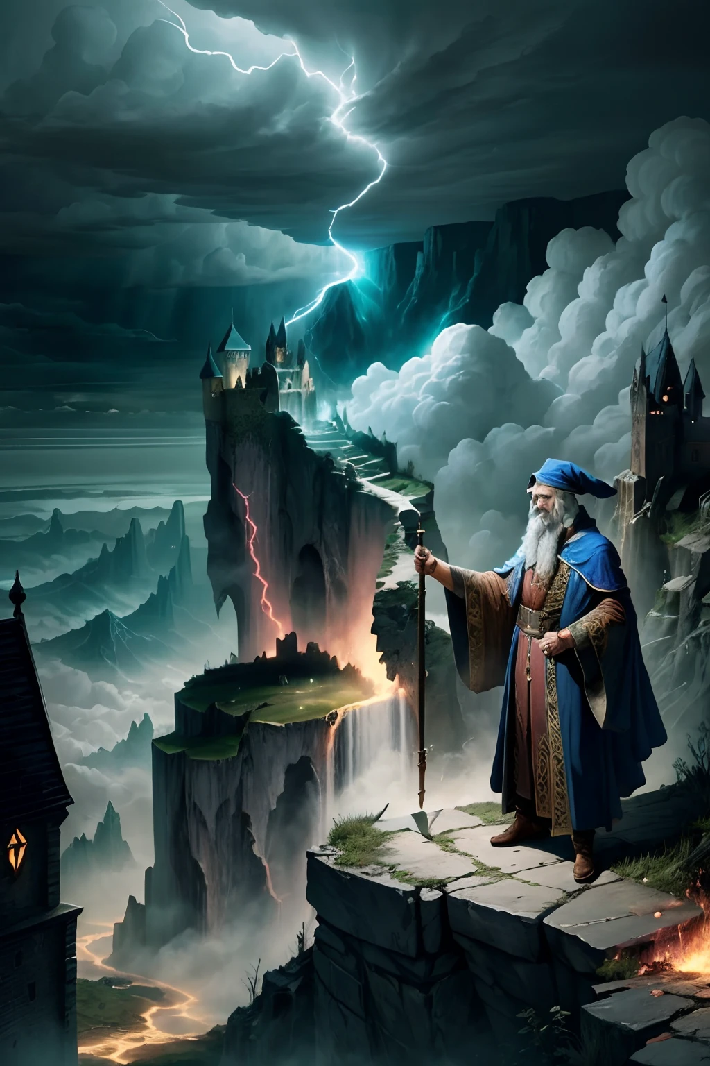 Now in his middle years, the wizard in snake-adorned robes stands on a ragged cliff. On a plain below, armies clash while a city is destroyed by the very earth, which rises up and smashes its walls as meteors streak from the sky into the city’s heart. It is clear that the devastation is taking place as a result of a spell being cast by the wizard. The storm clouds overhead resemble misty snakes.
