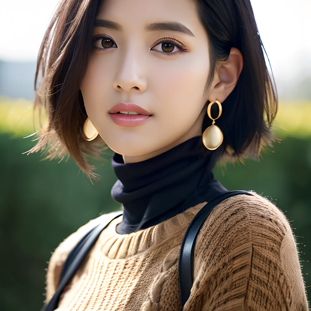 (masutepiece:1.3), (8K, Photorealistic, Raw photo, Best Quality: 1.4), Japanese, (1girl in), Beautiful face, (Realistic face), (Black hair), Beautiful hairstyle, Realistic eyes, Beautiful detailed eyes, (Realistic skin), Beautiful skin, Attractive, 超A high resolution, A hyper-realistic, Highly detailed, Golden ratio, Happiness like a goddess:1.2、KPOP Idol、20yr old、brown-eyed、poneyTail、(RAW Photography:1.2)、(photoRealstic:1.4)、(masterpiece:1.3)、(intricate detailes:1.2)、delicate、beautifuldetails、(A detailed eye)、(detailed facial features)、(Turtleneck Sweater)、小柄、small tits、big breasts thin waist、(Viewers:1.2)、Large circle earrings、slim legs、(skiny)、(top-quality:1.4)、(超A high resolution:1.2)、cinematric light、outside of house、(highly detailed figure)、(lipgloss、eye lashes、top-quality、超A high resolution、depth of fields、Caustics、Wide-area lighting、Natural Shading、85mm、f/1.4、ISO 200、1 /160s:0.75)、Dynamic poses、