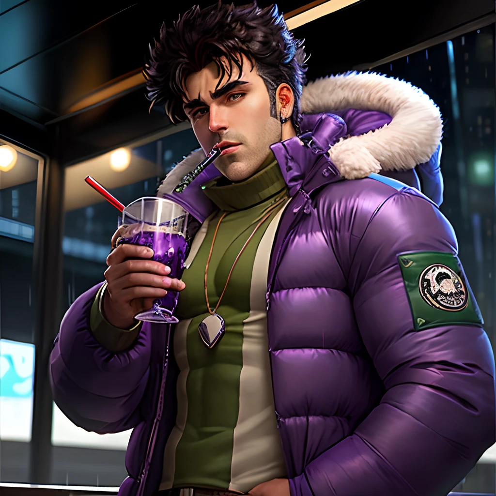 Joseph joestar, puffer coat, rain, drinking purple drink in plastic cup,