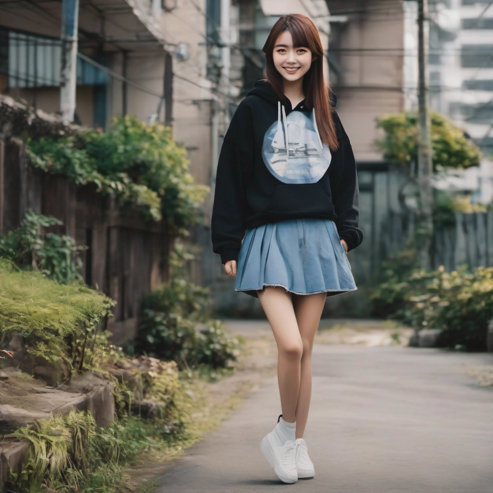 photo of a japanese girl, 16 years old, black hoodie, denim mini skirt, smile