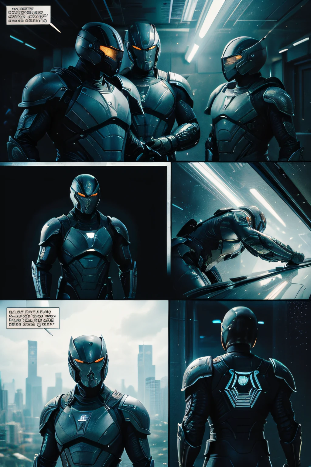 Science fiction comics,manga book,Comic storyboard:1.8, comic strip_layout,Super soldiers around the world come together to save the planet",metall armour,fantasy, Ethereal, (isolation:1.1), (glaze:1.1), (reflective light:1.2), glass, polygon, Ultra detailed, Intricate, oil on the canvas, Dry brush, (surrealism:1.1), (Disturbing:1.1), Enhanced detail., 32K ,hyper HD,Comics-like panel layout, Voice balloons, English text, Hand drawn audio stickers used in comics.