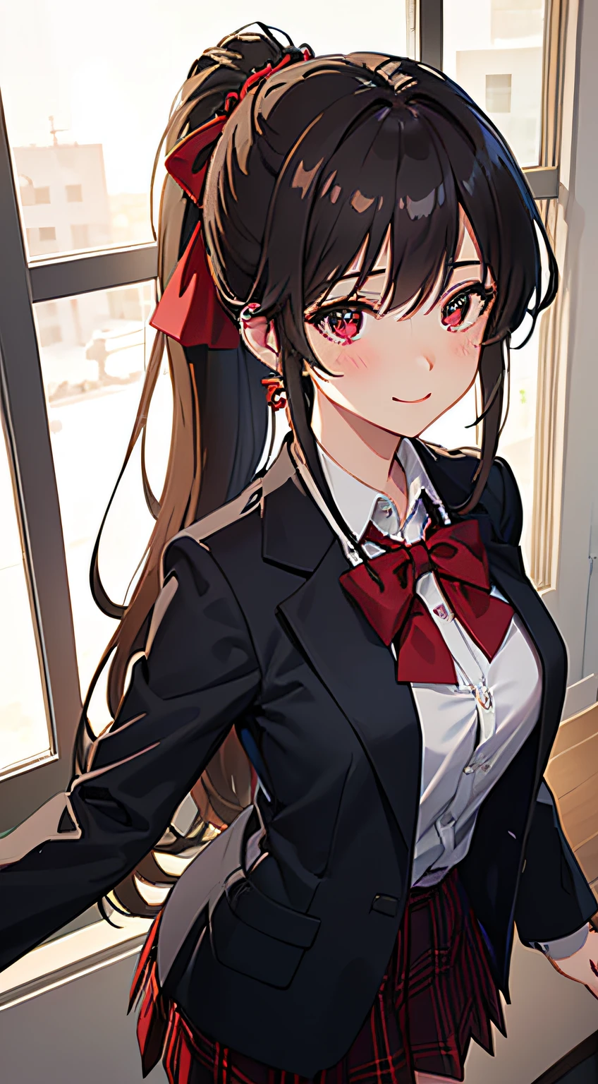((masterpiece, best quality, highres, UHD, perfect pixel, depth of field, 4k, RTX, HDR))), 1girl, single, solo, beautiful anime girl, beautiful artstyle, anime character, ((long hair, ponytail, hair tied with a rope with red accessories)), ((red eyes:1.4, rounded eyes, beautiful eyelashes, realistic eyes)), ((detailed face, blushing:1.2)), ((smooth texture:0.75, realistic texture:0.65, photorealistic:1.1, anime CG style)), big breasts, dynamic angle, perfect body, ((POV, close up, cowboy shot)), ((red bowtie, school uniform, black jacket, open jacket, red cardigan, white shirt, black skirt, plaid skirt)), smile, classroom