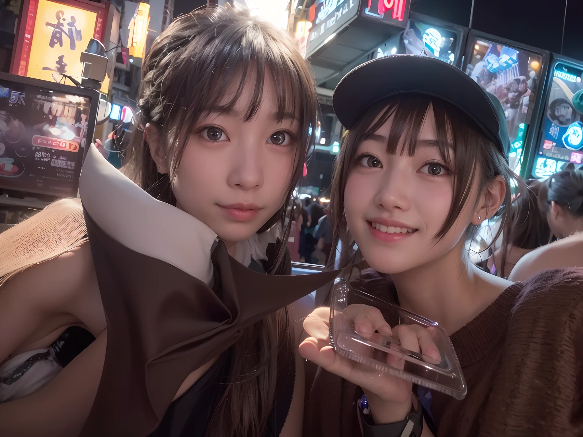 1girl, Tokyo street,night, cityscape,city lights,upper body,close-up,smile,, (8k, RAW photo, best quality, masterpiece:1.2),(realistic, photo-realistic:1.37),
