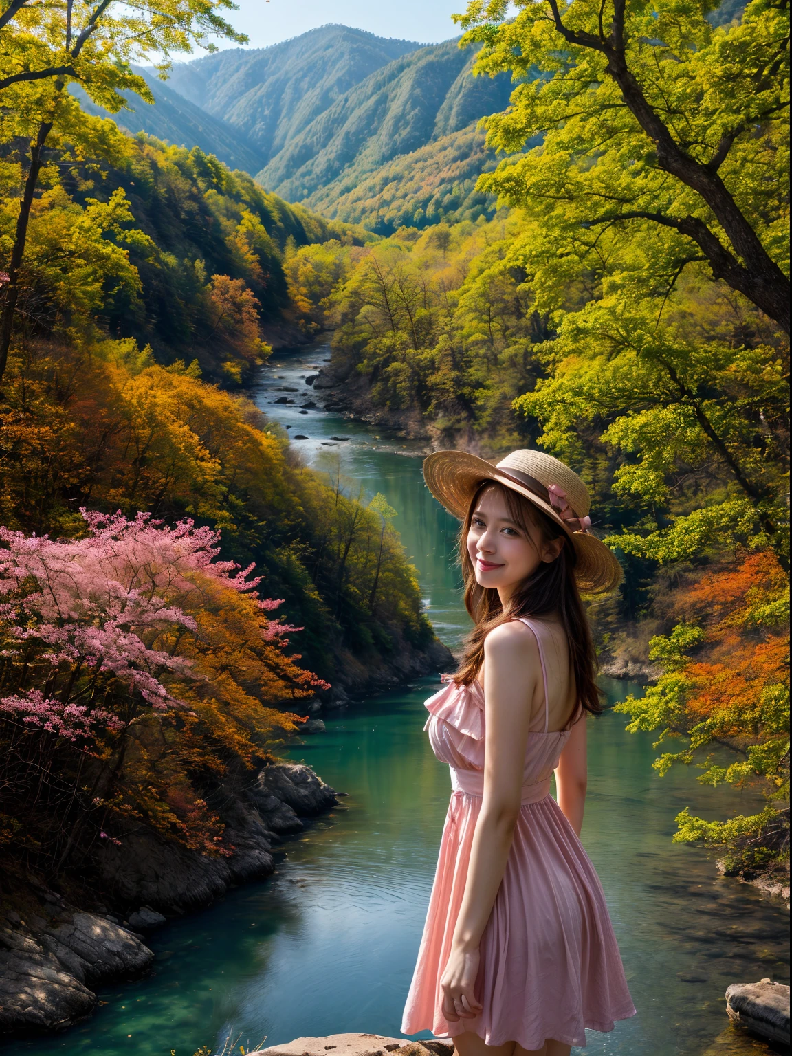 ((tmasterpiece:1.4, best qualtiy,Faraway view:1.4)), (ultra - detailed)+,(watercolor paiting:1.2),((Cute 1girl,Straw hat,blossoms,Light cyan hair,long whitr hair,Aqua blue eyes,Large breasts,Keep your mouth shut,Smiling,(Pink dress:1.3),Shoulders exposed,Bow knot,Side angle)),Autumn landscape,The leaves are yellow,maple trees,eventide,riverbank,lake reflection,The sky is full of color,Orange-red sunset,The afterglow diverges,Big Mountain,Far Mountain,contours,Scenic beauty,(Warm light source:1.2), (the woods,Bare branches:1.2)(Very detailed CG unification,8k wallpaper),(The best picture quality),(illustratio:1.0)、intricately details, Epic composition、Realistic lighting、high definition detail、(Beautiful wildlife and natural wonders,With glowing lights)