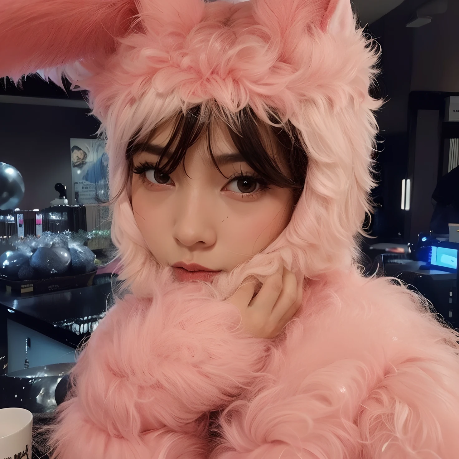 There is a woman in a pink furry outfit posing for a photo, vestindo uma fantasia de coelho rosa, vestindo um terno de coelho, with long floppy rabbit ears, terno de coelho, ultrarrealista doce coelhinho menina, com orelhas de coelho, linda Delphine, o coelhinho tem pelo rosa, com orelhas de coelho grandes, coelhinho menina, cute fumo plush bunny girl, com orelhas de coelho