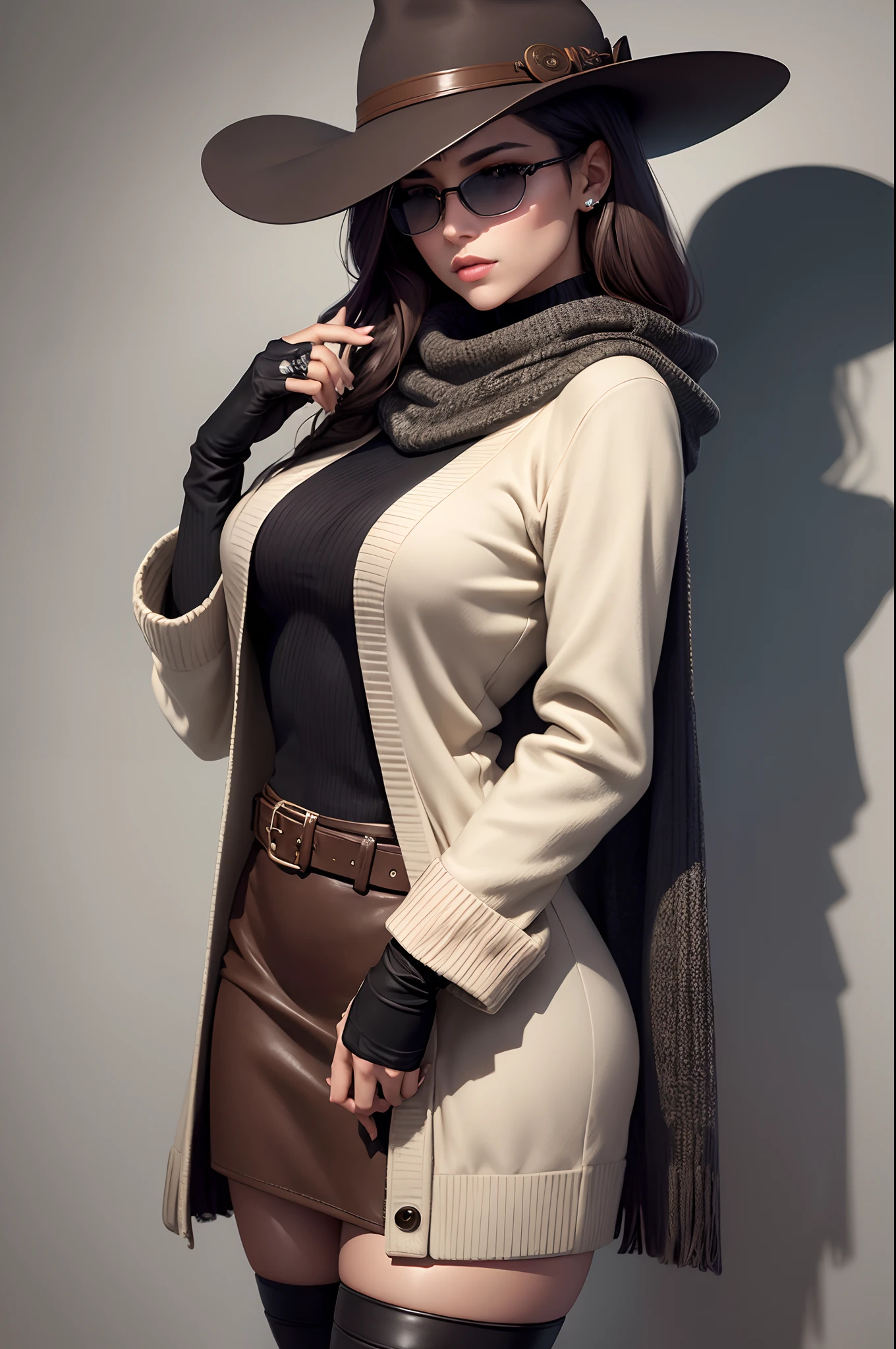mulher, Long cardigan in a shade of dark gray, cream turtleneck sweater, a wool plaid skirt in shades of brown and black, which contrasts elegantly with the opaque black tights and knee-high boots. A knitted scarf in shades of moss green accentuates the look, Keeping the neck warm, brown leather gloves and a wide-brimmed hat in dark grey. (extremamente detalhado CG unidade 8k papel de parede),(master part), (melhor qualidade), (ultra-detalhado), (best illustration),(melhor sombra), cowboy shot, (Sharp eyeliner, sombra, olhos detalhados:1),quebrar , (star15escola:1.2), ornamento de cabelo