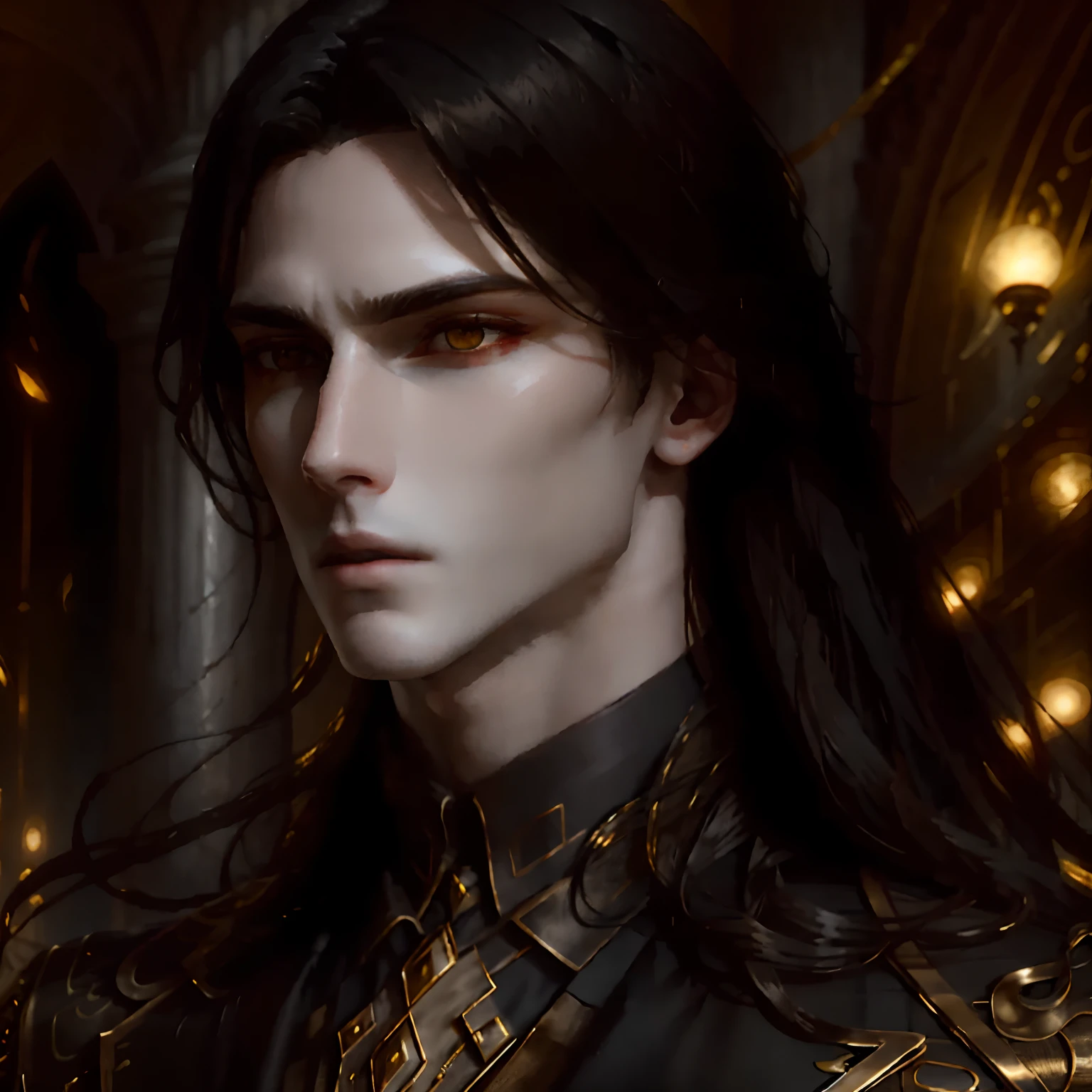 masterpiece, highest quality, (solo focus), (perfect face:1.1), (high detail:1.1),dramatic, 1guy, (pale skin), long black hair, yellow eyes, [light eyebrows], solo, long hair, moon, night, white luxury suit, covered navel, pouty lips, covered, futuristic city, detailed background, art by artgerm and greg rutkowski, cinematic lighting, roses, fashion, BalenciagaStyle