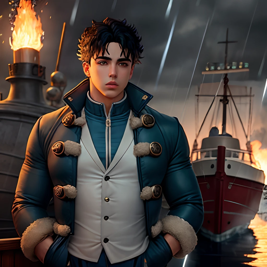 Jonathan joestar, puffer coat, fire in background, boat, sad, rain