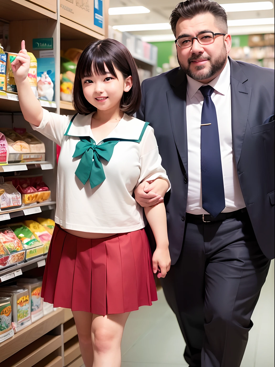 ​masterpiece,top-quality, 1 Male 1 Female,Girl walking arm in arm with fat uncle,(Petite girl,Girl with black hair,Girl with green eyes,small tits,Navel Ejection、Girl in a sailor suit,Girl in a pleated skirt,A shy girl,Little smiling girl,Red face),Uncle putting his hands around a girl's waist,Uncle bringing his face closer to a girl(Fat Man,Stubble Man,Man with a big belly,Man with big face,Uncle in a suit,man grinning,Uncle sweating),In the shop,Shelves lined with products,Hearts fly