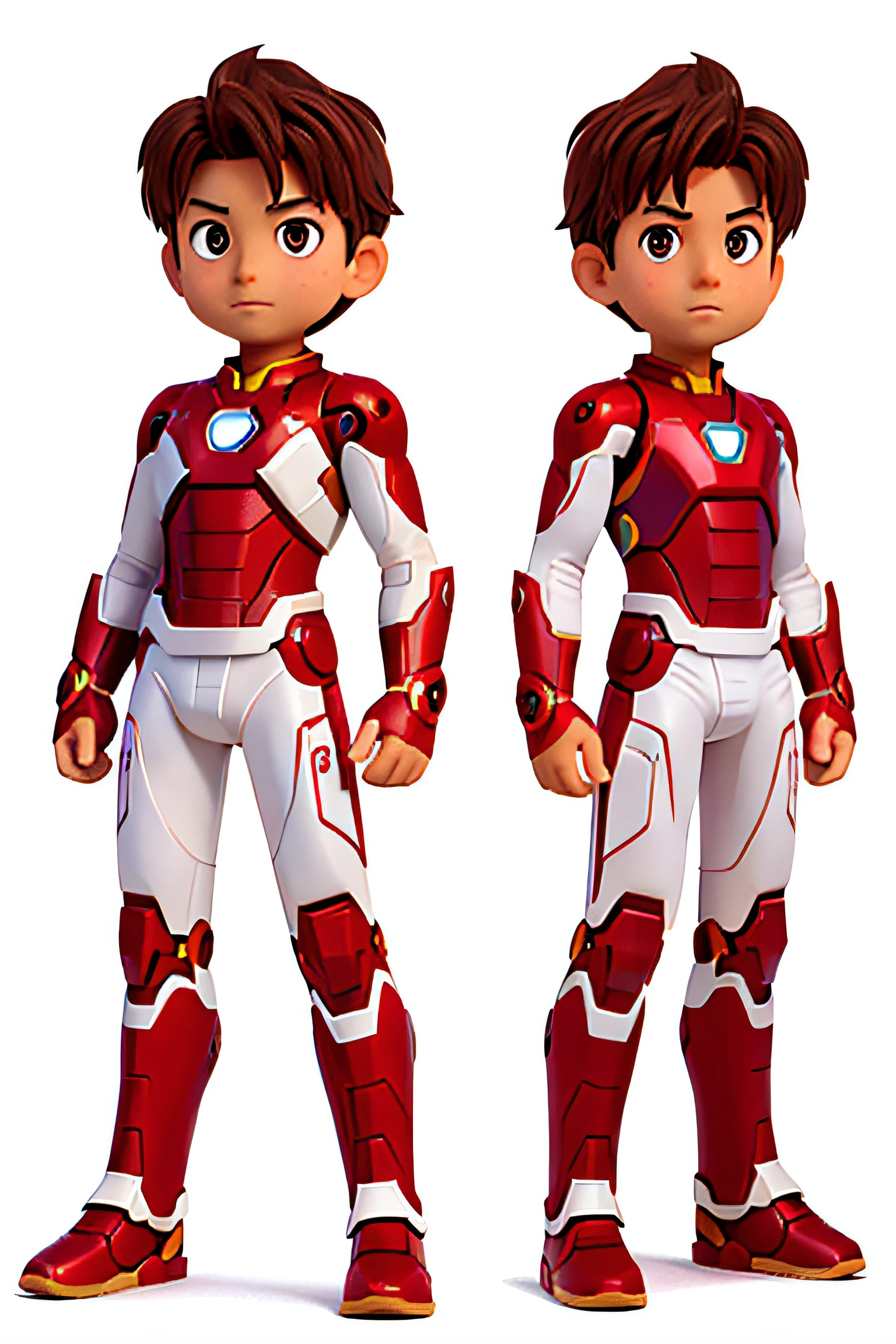 Juan Pablo, a 10-year-old boy, short hair ALMOST SHAVED , brown eyes, diferent angles, different angles, multiple poses, character sheet, illustration, white background, IRONMAN COSTUME