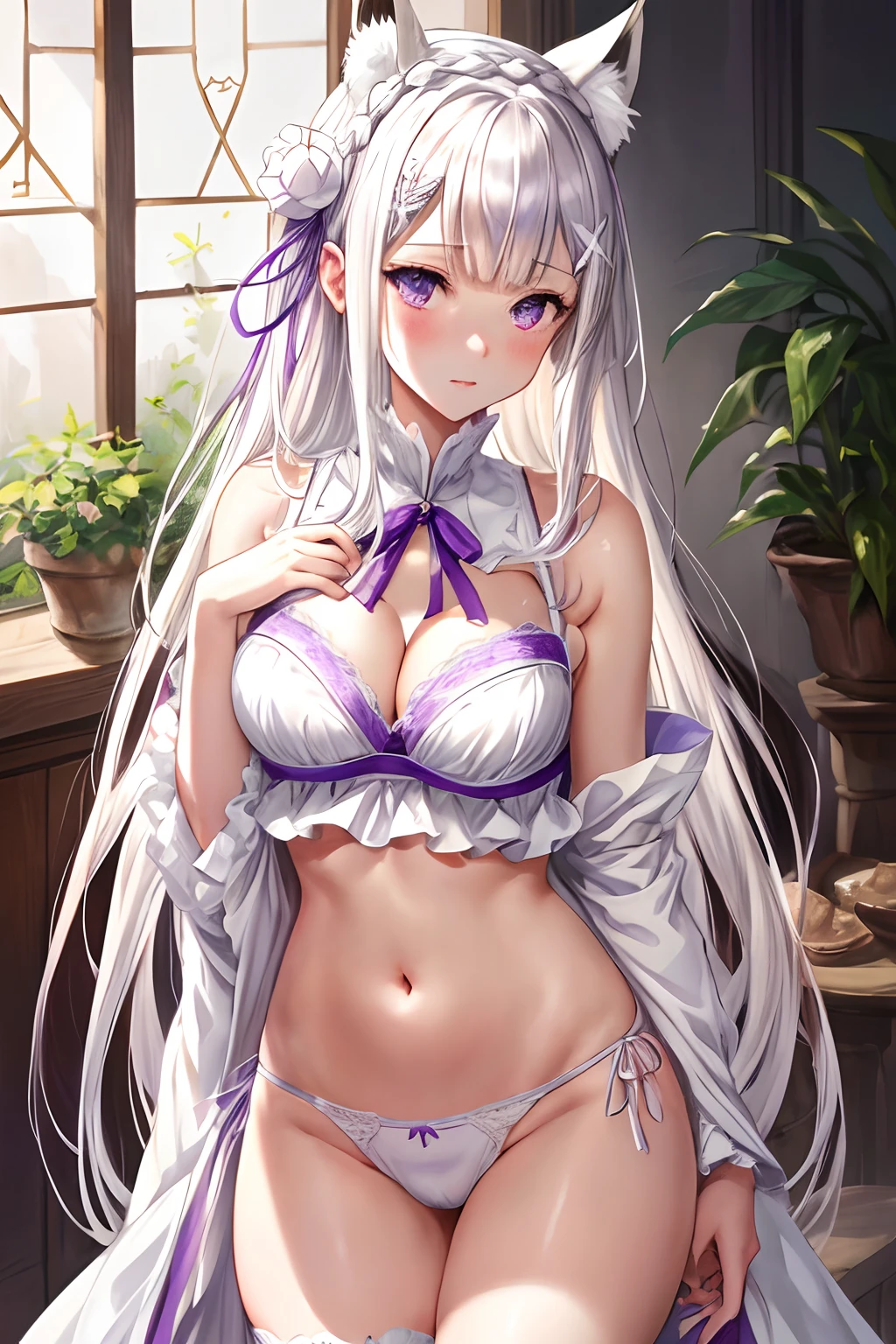 Emilia Re:Zero, white hair, white crown braid, purple ribbons in hair, white flower in hair, white lingerie, x hair ornament, purple eyes, long hair, medium breasts, fox ears, fox girl, 1girl, solo, 

(masterpiece:1.1), (best quality:1.1), (ultra-detailed:1.1), (illustration:1.1), medium breasts, one piece lingerie, bra, panties, camel toe, lacy white lingerie, cleavage cutout, midriff, looking at viewer, cowboy shot, blushing