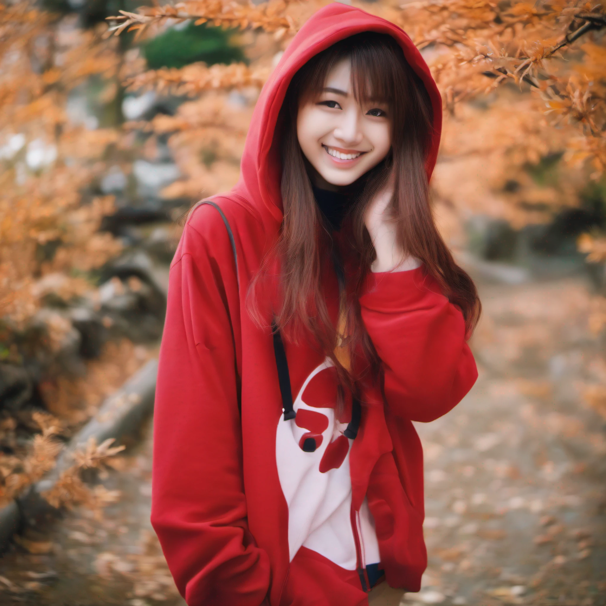 photo of a japanese girl, 16 years old, red hoodie, smile