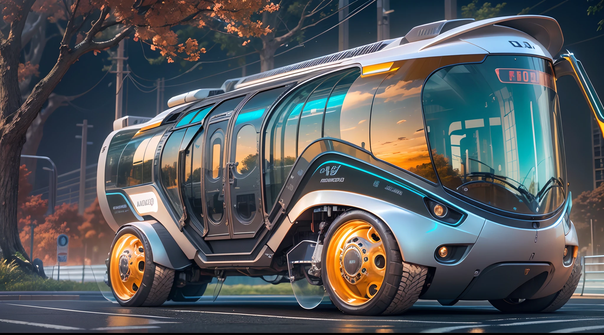 Mechanical exoskeleton RV,Drive on the road.[illustration,3D rendering of],Metal construction,Transparent glass surface,Long,(Advanced mobile system),(Huge wheels),Colorful LED lights,Smooth curves,(streamlined line design),(Stylish aerodynamic shape),Polished chrome trim,Retro-futuristic aesthetic,(Surrounded by nature),lush landscape,Wireless connectivity for a futuristic travel experience,Enhanced security features.(Best quality,4K,A high resolution,Masterpiece:1.2).