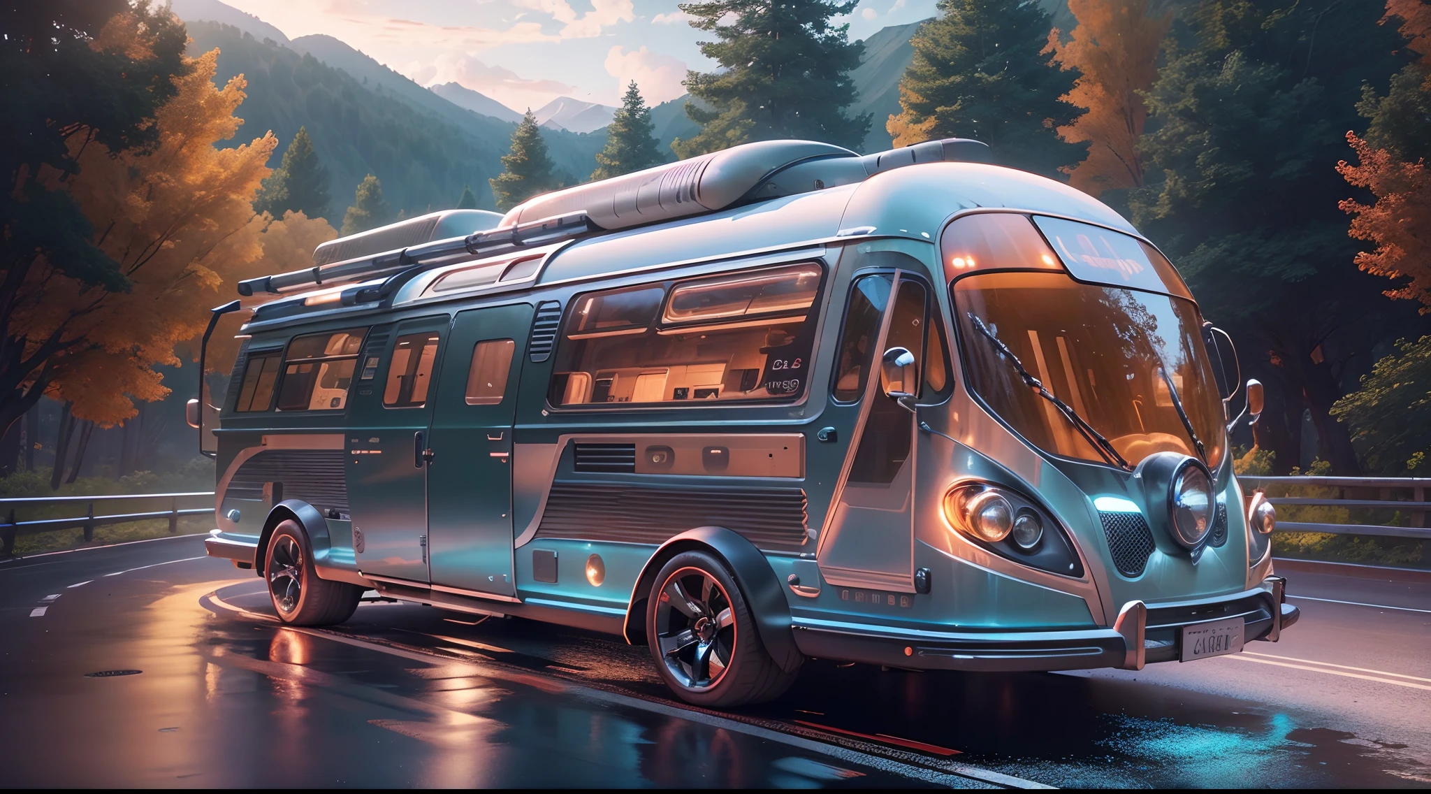 Camper van with mechanical exoskeleton,Drive on the road.[illustration,3D rendering of],Metal construction,Transparent glass surface,Long,(Advanced mobile system),(Huge wheels),Colorful LED lights,Smooth curves,(streamlined line design),(Stylish aerodynamic shape),Polished chrome trim,Retro-futuristic aesthetic,(Surrounded by nature),lush landscape,Wireless connectivity for a futuristic travel experience,Enhanced security features.(Best quality,4K,A high resolution,Masterpiece:1.2).