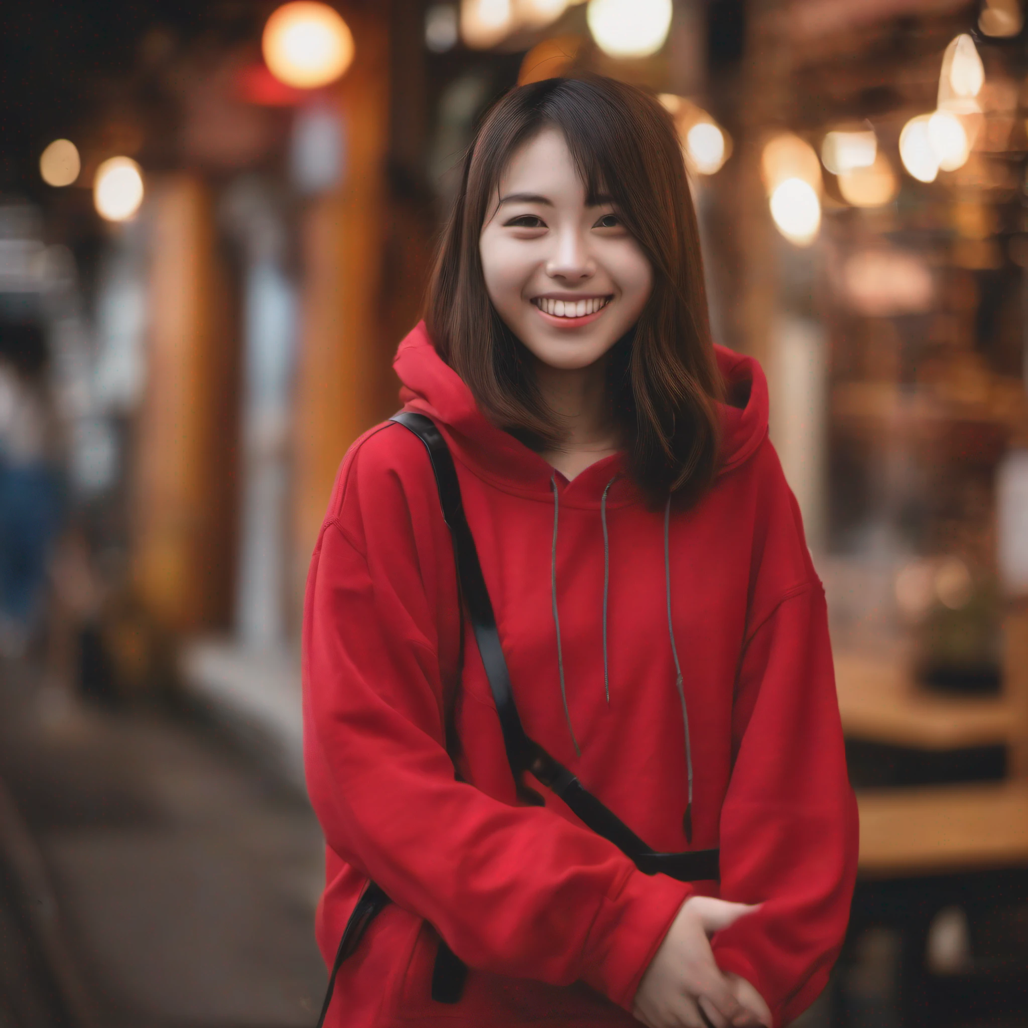 photo of a japanese girl, 16 years old, red hoodie, smile
