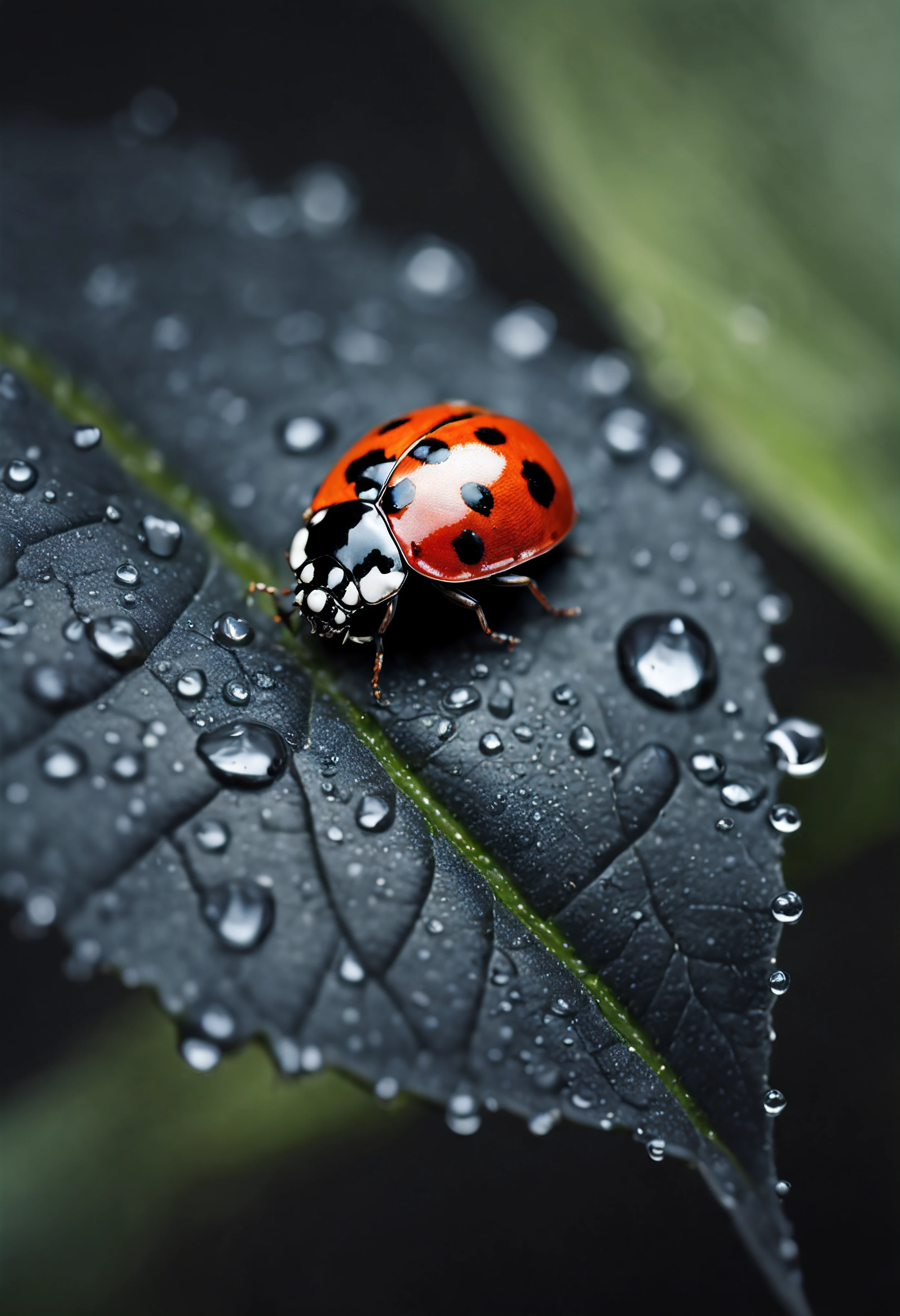 Cute little lady bug in a black coloured leaf, bug is smoothy, the leaf bearing a number of water drops on it, photo realistic, 4k, highly detailed, yellowish background, cool colour, Macro photography, close-up, hyper detailed, trending on artstation, sharp focus, studio photo, intricate details, highly detailed