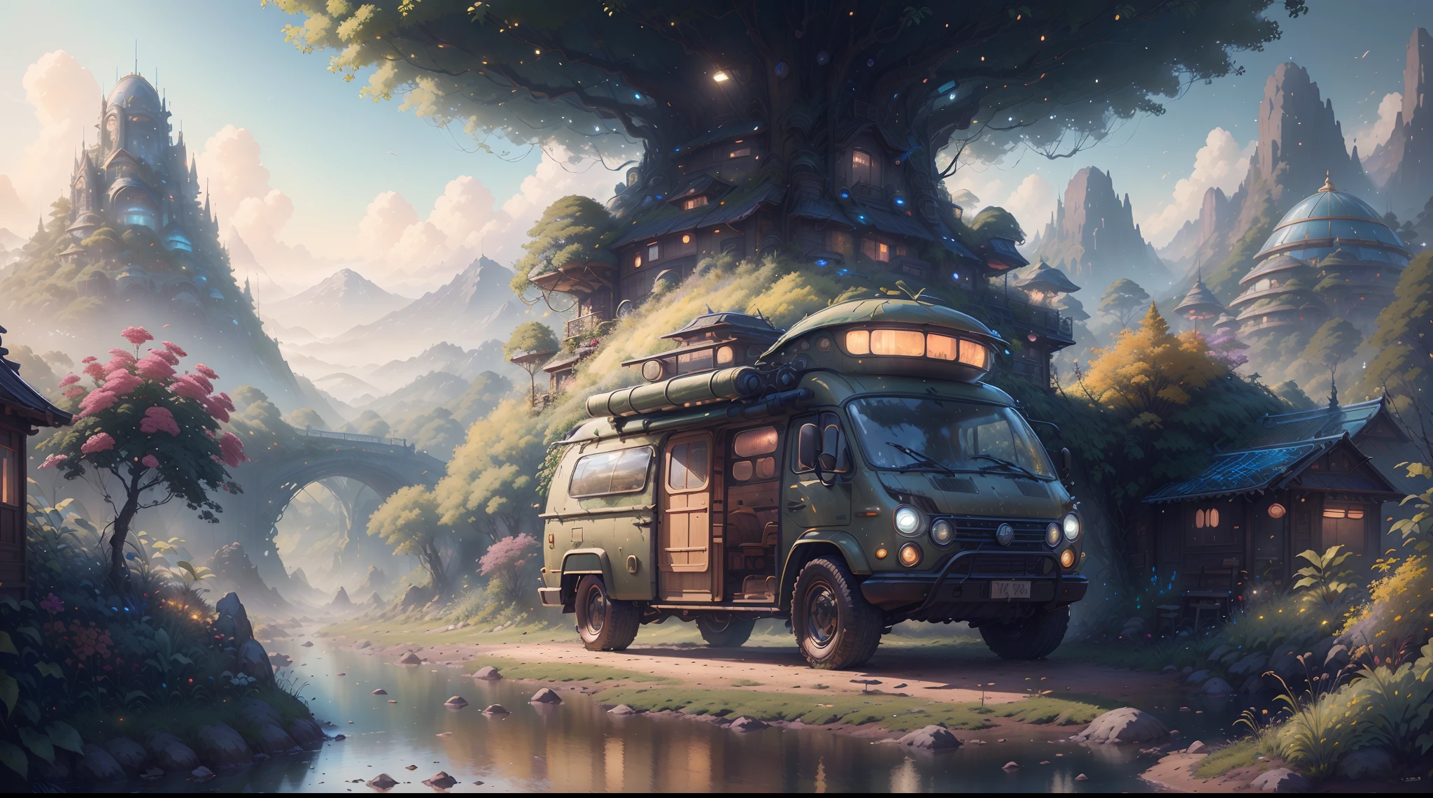 Masterpiece, concept-art, Fantasy theme,best qualtiy，tmasterpiece，超高分辨率,photograph realistic：1.4， A detailed，(SolarpunkAI:Campervan)。cozily, camping, vivd colour, Reflection, k hd,Surrounded by nature,lush landscape。