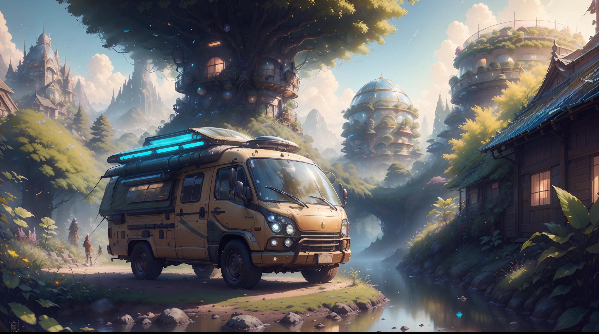 Masterpiece, concept-art, Fantasy theme,best qualtiy，tmasterpiece，超高分辨率,photograph realistic：1.4， A detailed，(SolarpunkAI:Campervan)。cozily, camping, vivd colour, Reflection, k hd,Surrounded by nature,lush landscape。