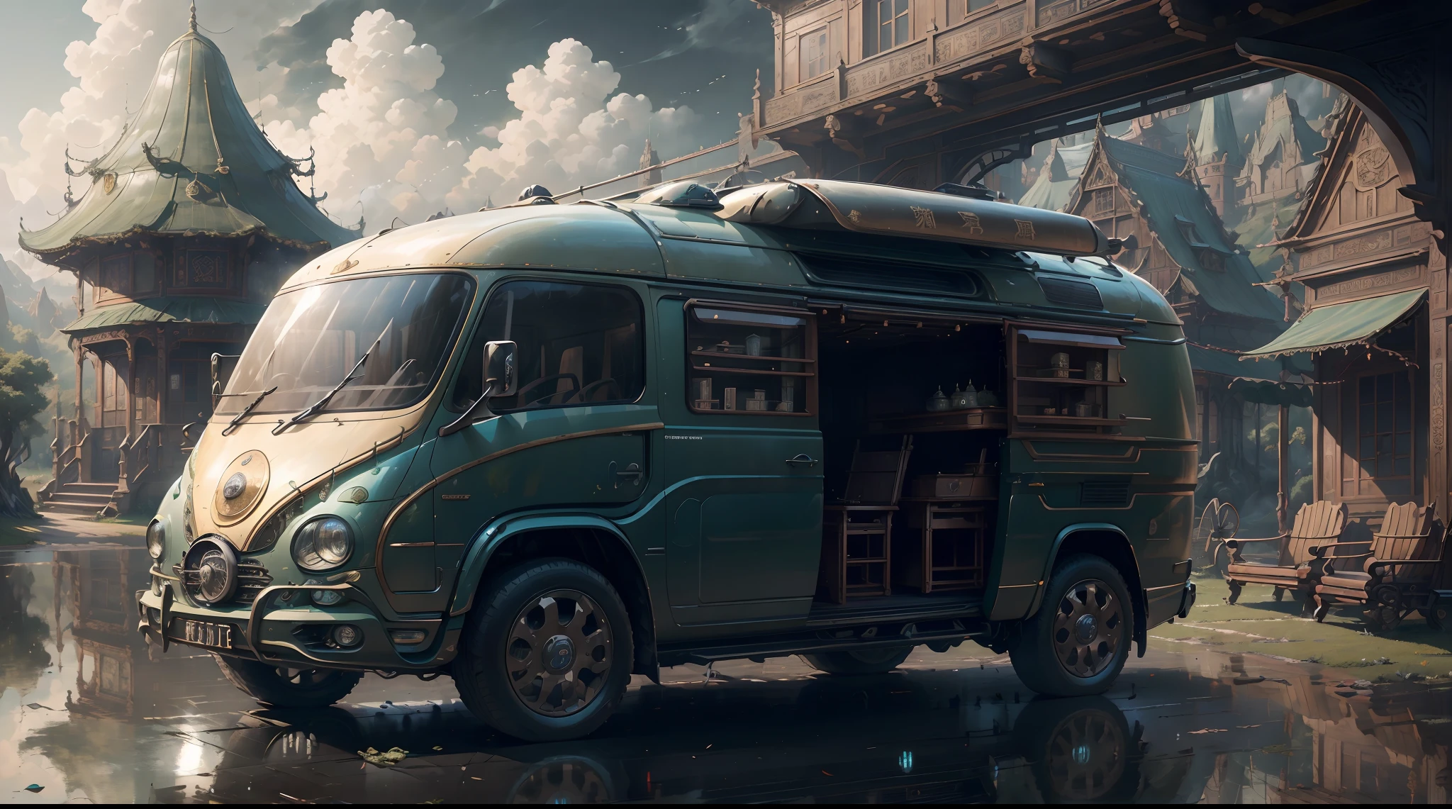 Masterpiece, concept-art, Fantasy theme,best qualtiy，tmasterpiece，超高分辨率,photograph realistic：1.4， A detailed，(BugattiAI:Campervan)。cozily, camping, vivd colour, Reflection, k hd,Surrounded by nature,lush landscape。