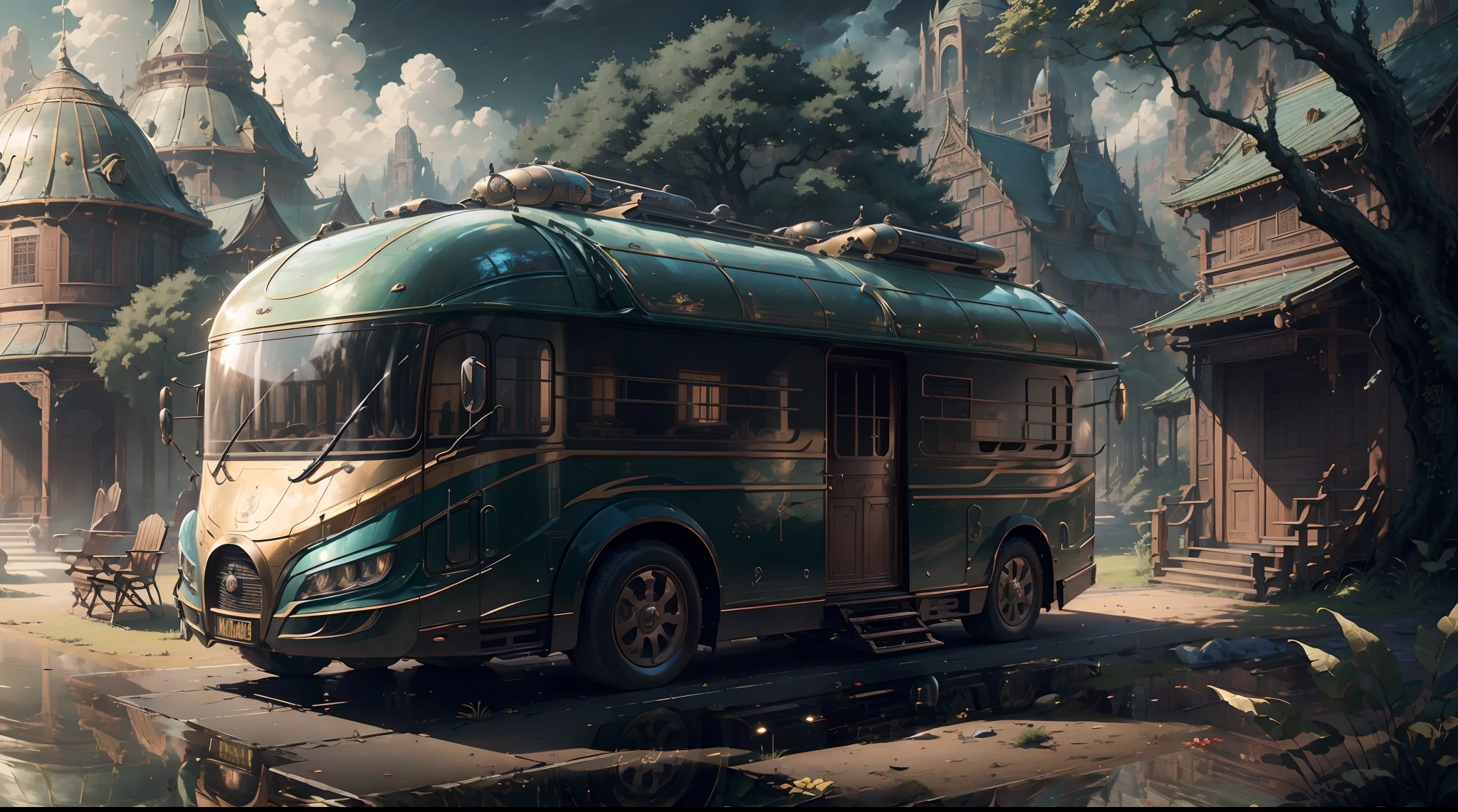 Masterpiece, concept-art, Fantasy theme,best qualtiy，tmasterpiece，超高分辨率,photograph realistic：1.4， A detailed，(BugattiAI:RV)。cozily, camping, vivd colour, Reflection, k hd,Surrounded by nature,lush landscape。