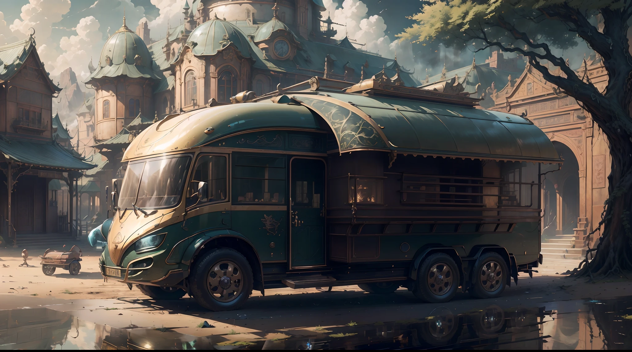 Masterpiece, concept-art, Fantasy theme,best qualtiy，tmasterpiece，超高分辨率,photograph realistic：1.4， A detailed，(BugattiAI:RV)。cozily, camping, vivd colour, Reflection, k hd,Surrounded by nature,lush landscape。