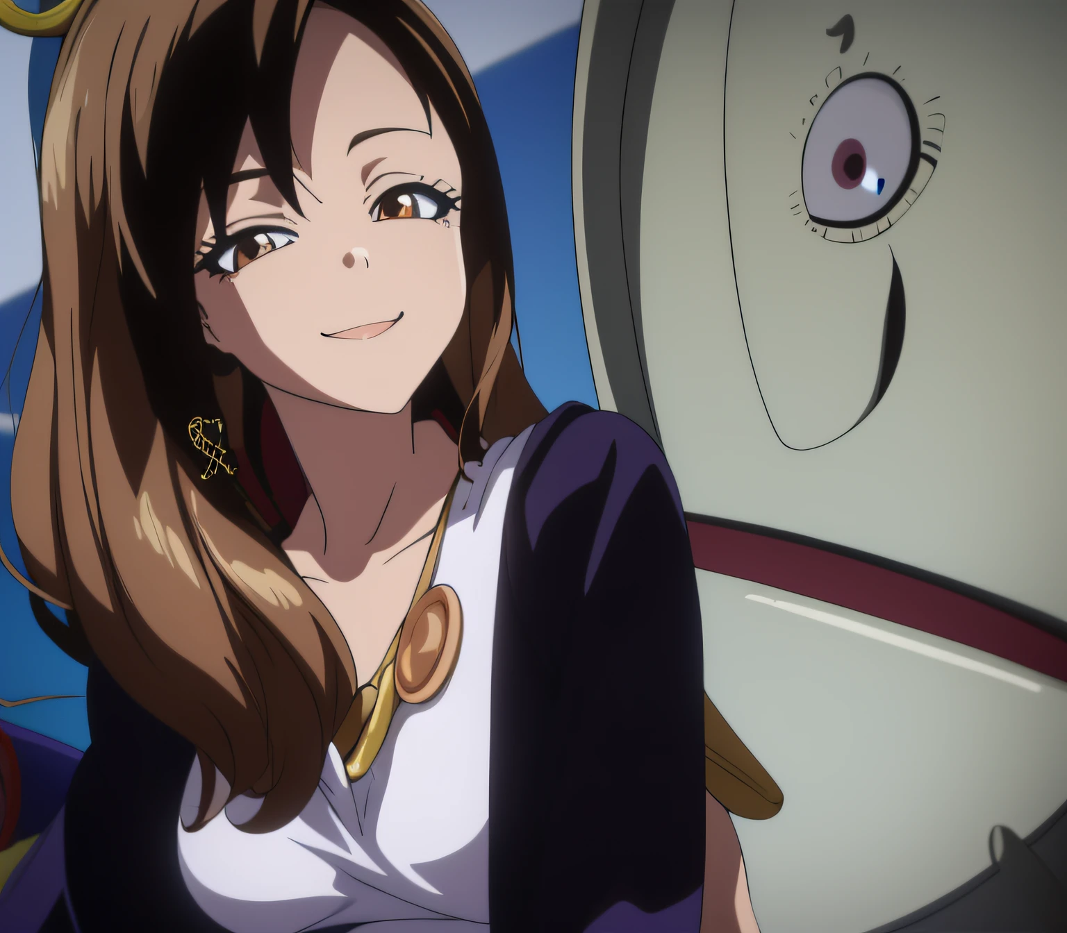 Smiling 26 year old woman with light brown eyes, Cabello marrones claritos en traje azul y corbata azul marino estilo al personaje Videl de Dragon Ball GT como angel.La captura de la camara debe ser a cuerpo completo