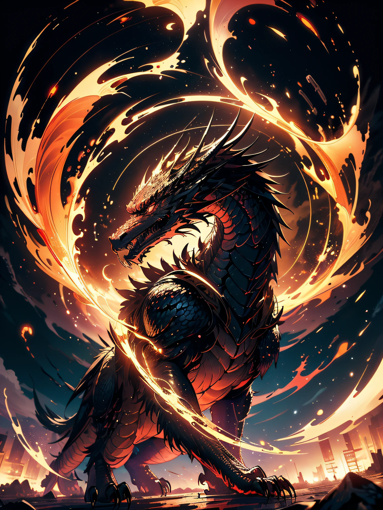 Wu-kong, Red eyes, golden features, dragon staff, golden clouds, full body, imposing, death flowers, deep black tones, {extremely detailed 8k CG unit wallpaper}, expansive landscape photography, ( a view from below focusing on the character and setting), (wide open field view), (low angle shot), (high light: 1.7), (low light: 1.3), (warm light source: 1.5) , complex details, (iridescent colors: 1.6), (bright lighting), (atmospheric lighting), Surreal, dreamy, magical